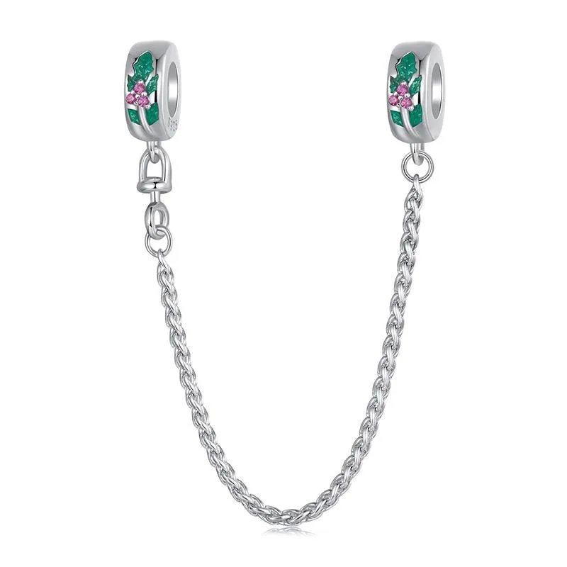 925 Sterling Silver Platinum Plated Leaf Safety Chain Bracelet