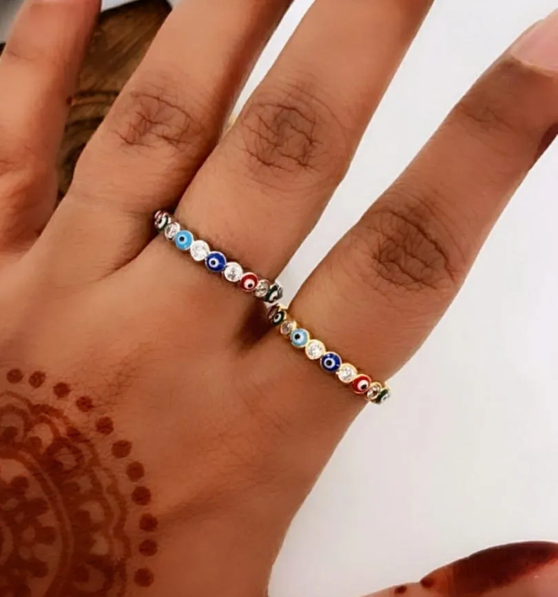 Adjustable Multicolour Minimalist Slim Stacking Evil Eye Band Ring