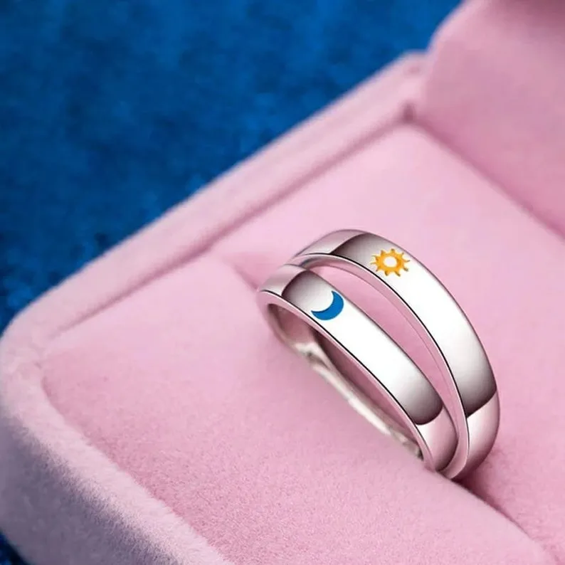 Adjustable Silver Couple Moon and Sun Matching Promise Ring set