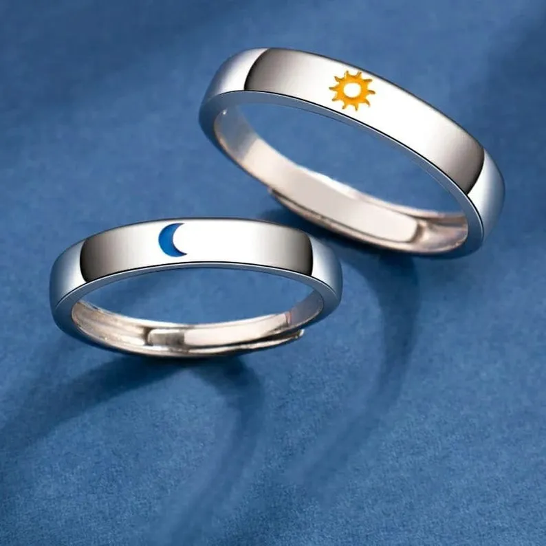 Adjustable Silver Couple Moon and Sun Matching Promise Ring set