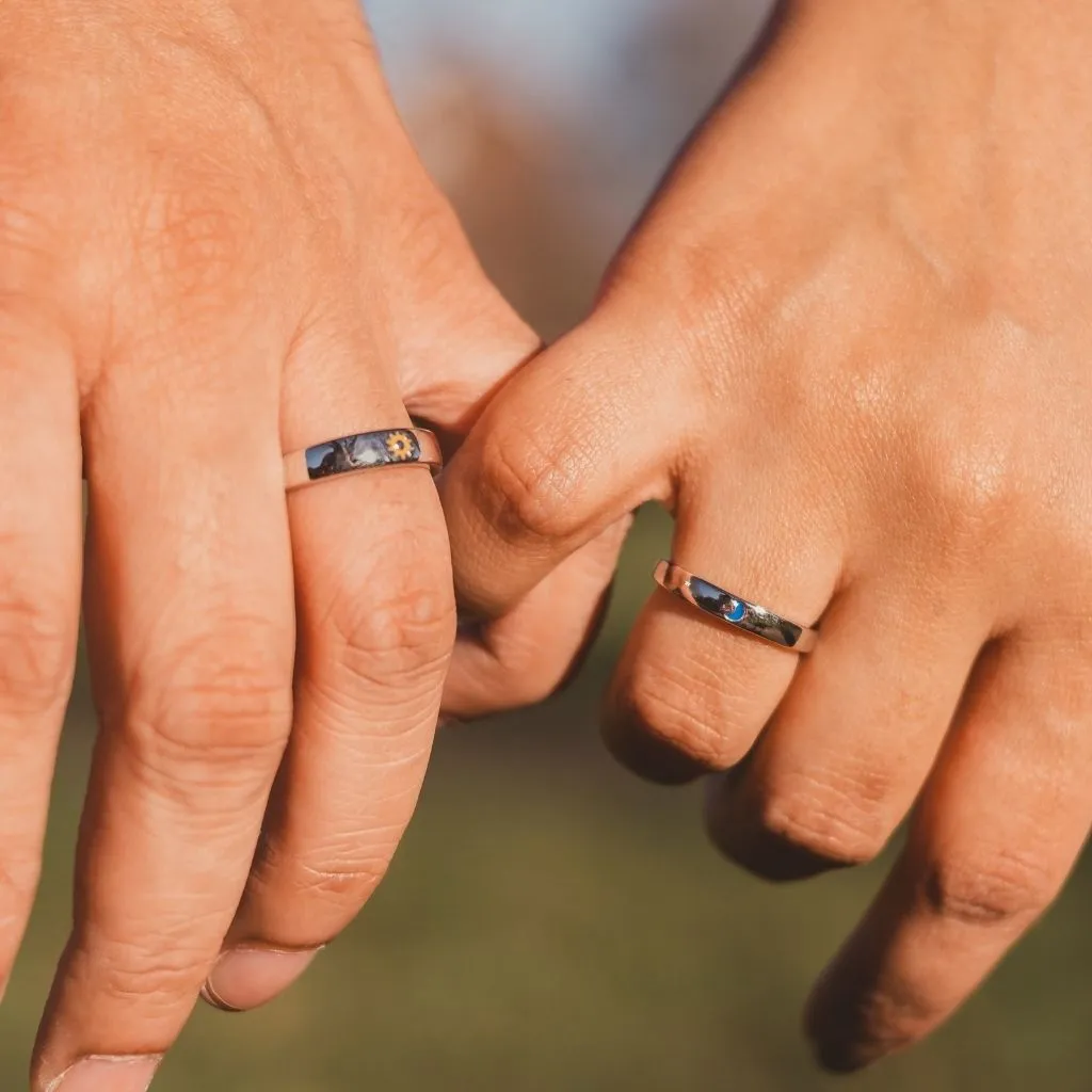 Adjustable Silver Couple Moon and Sun Matching Promise Ring set