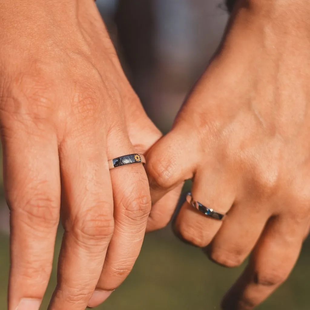 Adjustable Silver Couple Moon and Sun Matching Promise Ring set