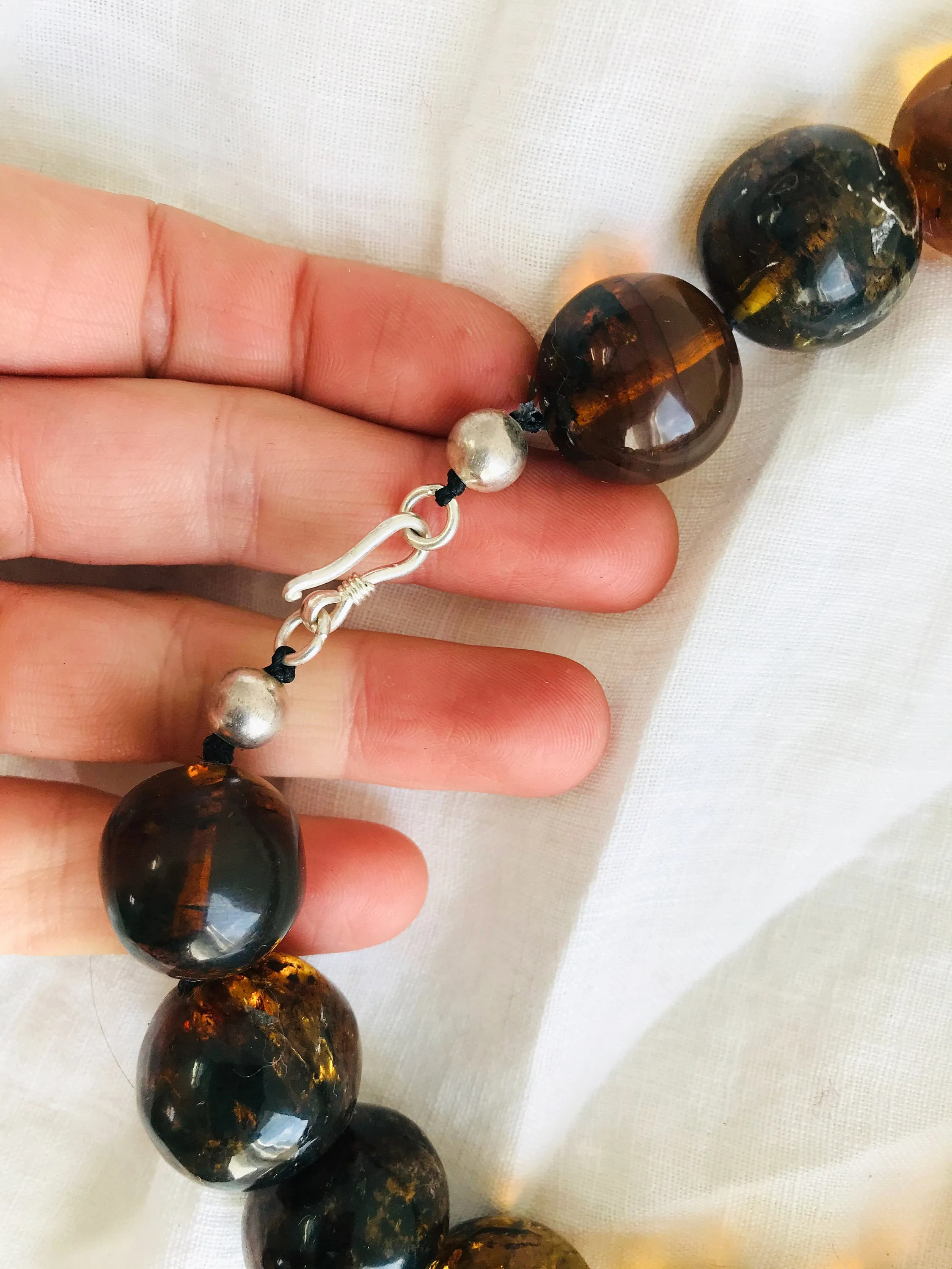 Amber Beaded Choker Necklace, Barro Negro Heart Pendant. Mexican Amber. Chunky