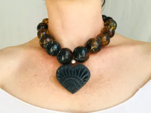 Amber Beaded Choker Necklace, Barro Negro Heart Pendant. Mexican Amber. Chunky