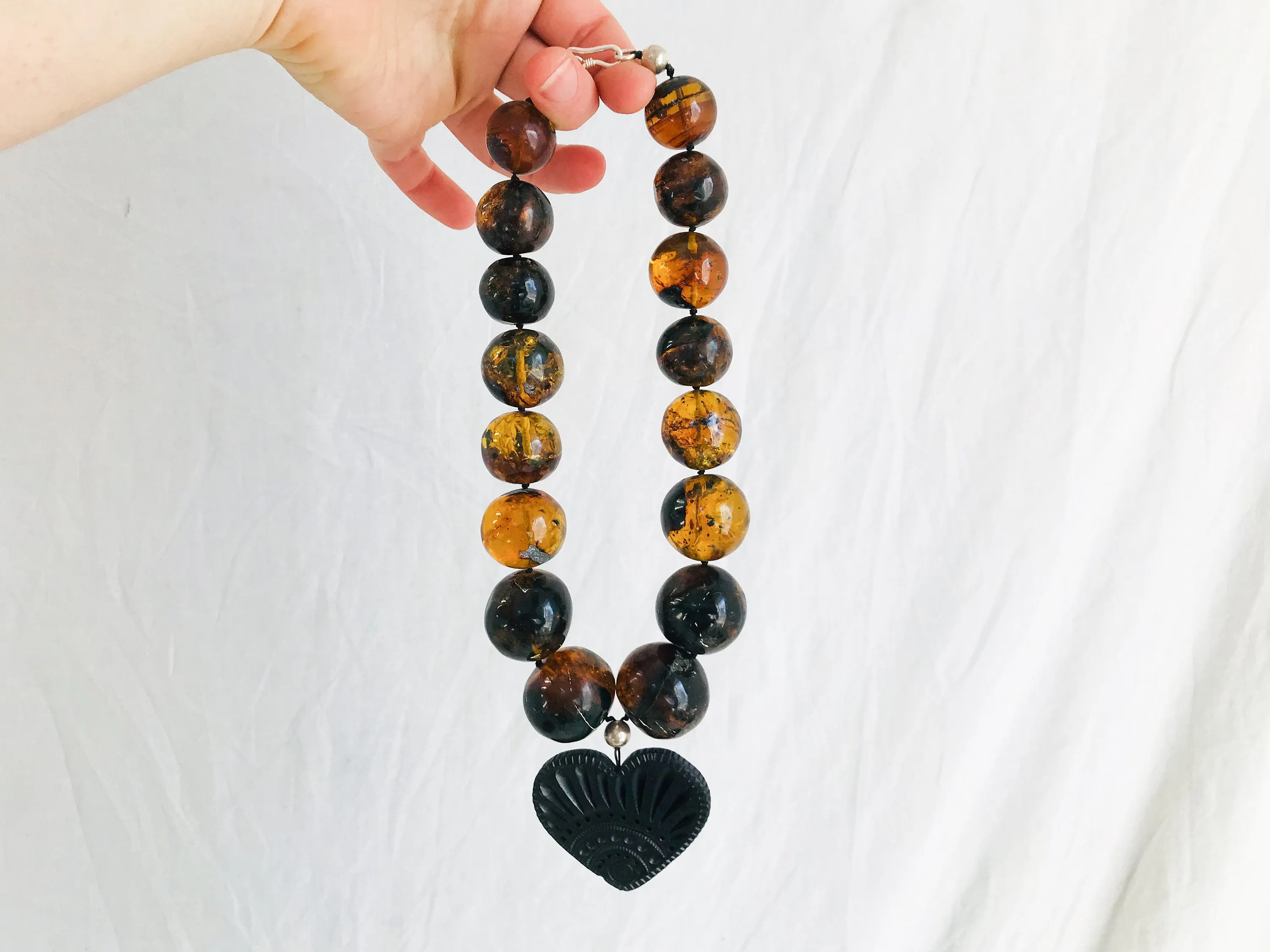 Amber Beaded Choker Necklace, Barro Negro Heart Pendant. Mexican Amber. Chunky