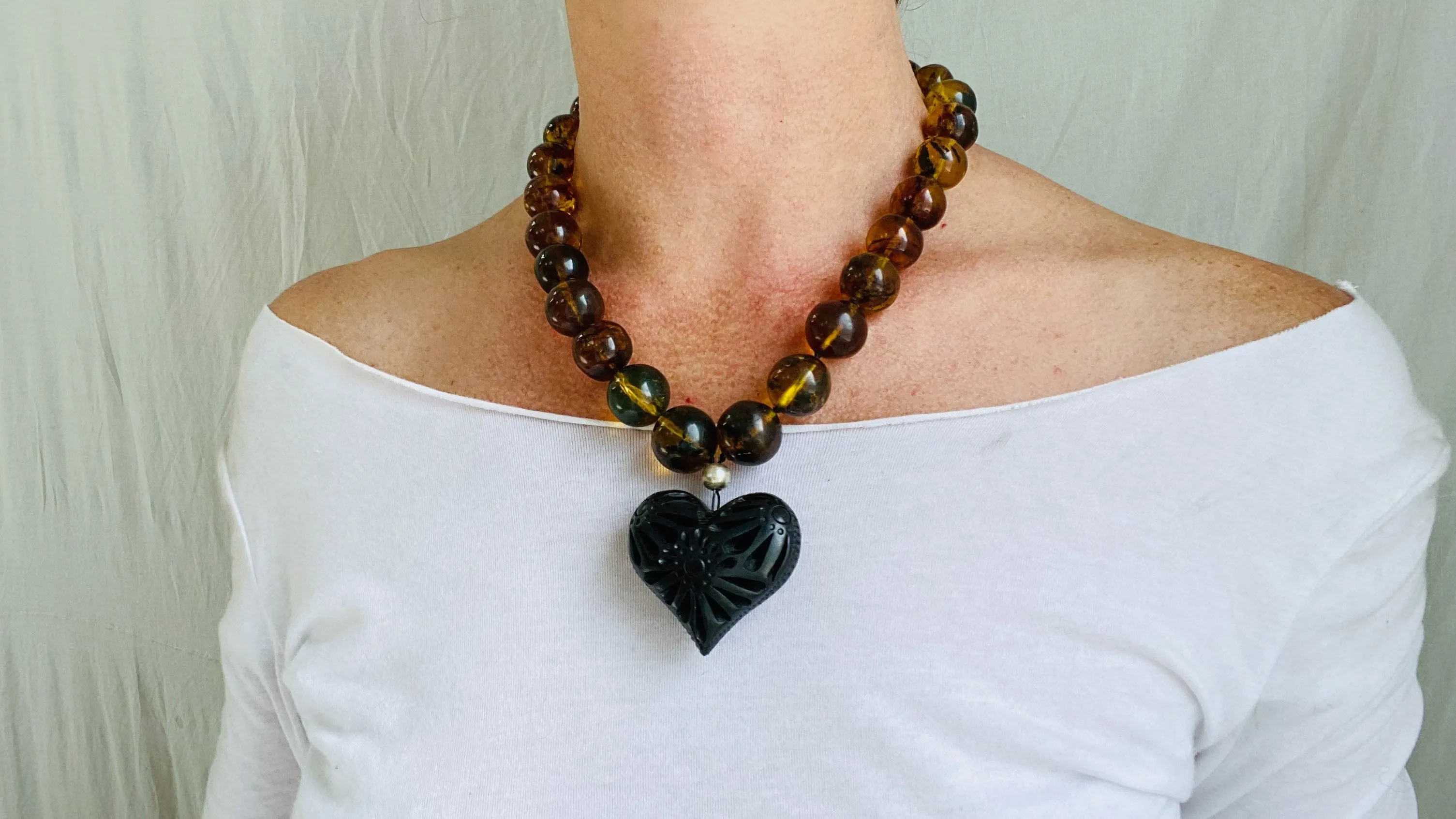 Amber Beaded Necklace, Barro Negro Heart Pendant. Chunky