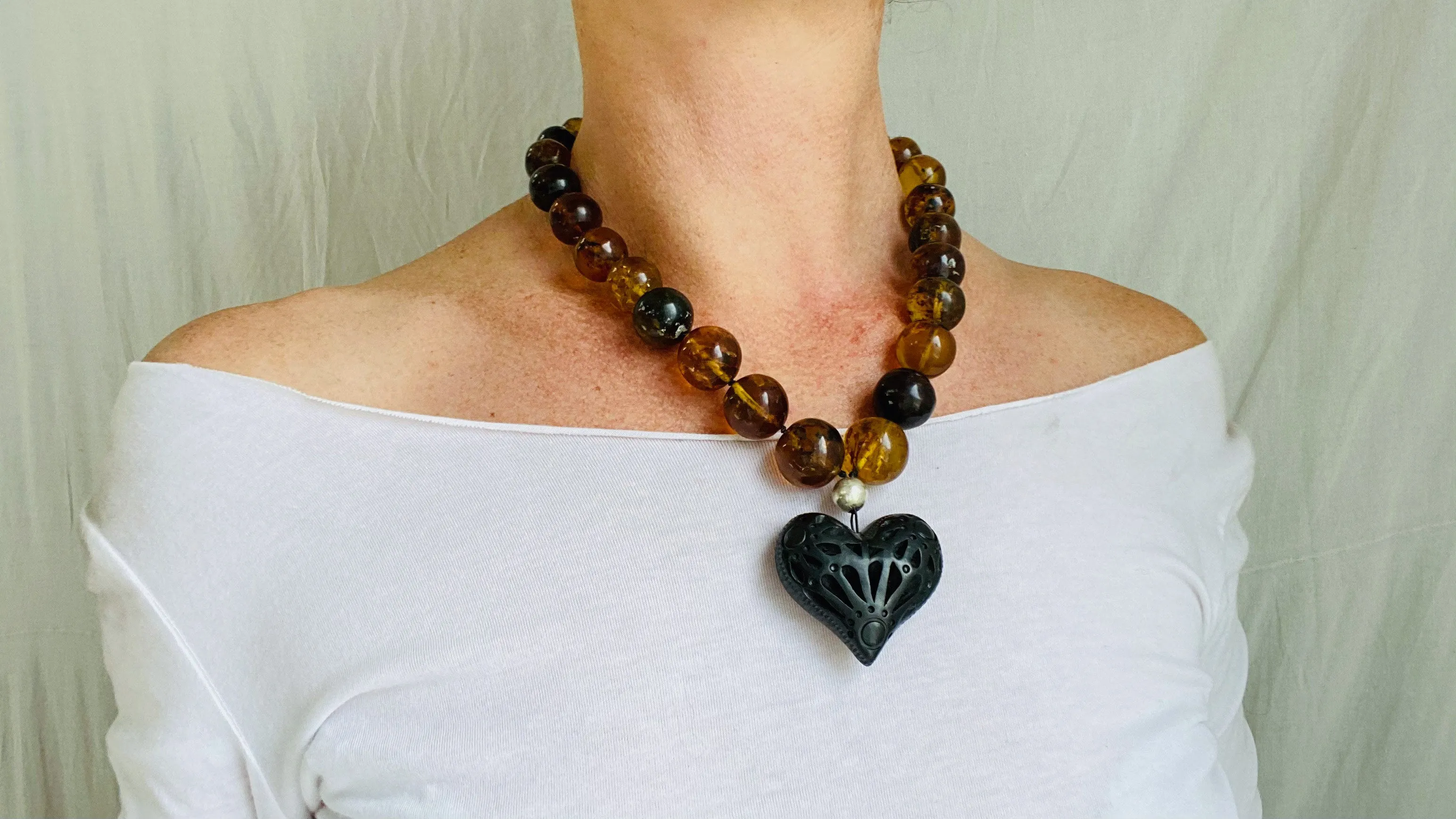 Amber Beaded Necklace, Barro Negro Heart Pendant. Chunky