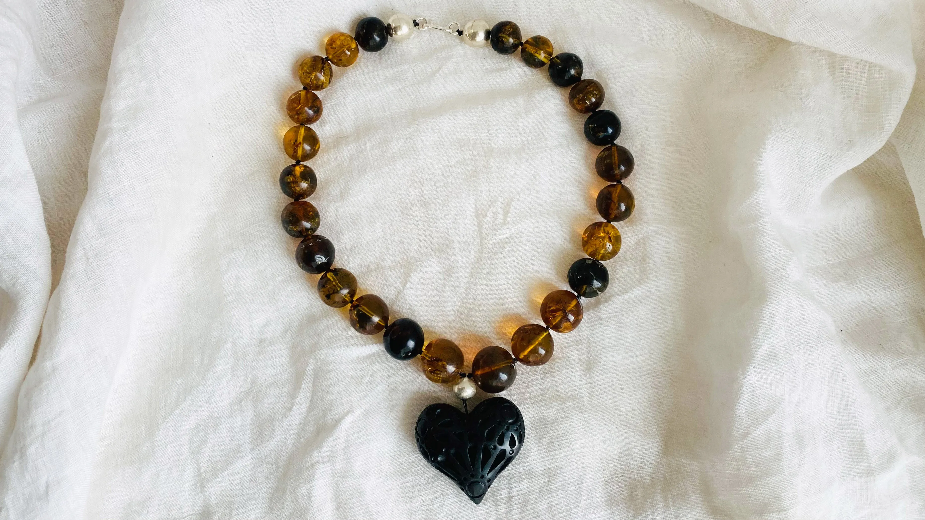 Amber Beaded Necklace, Barro Negro Heart Pendant. Chunky