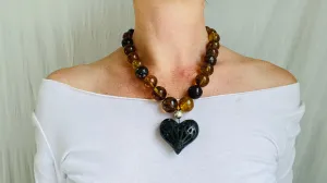 Amber Beaded Necklace, Barro Negro Heart Pendant. Chunky