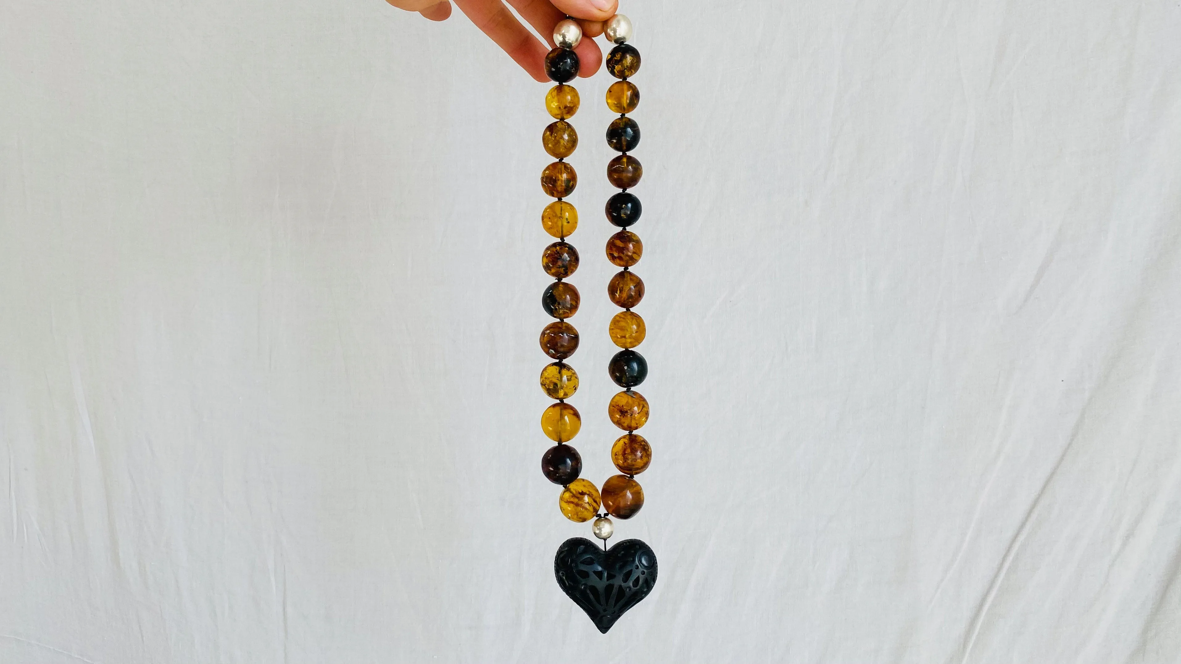 Amber Beaded Necklace, Barro Negro Heart Pendant. Chunky