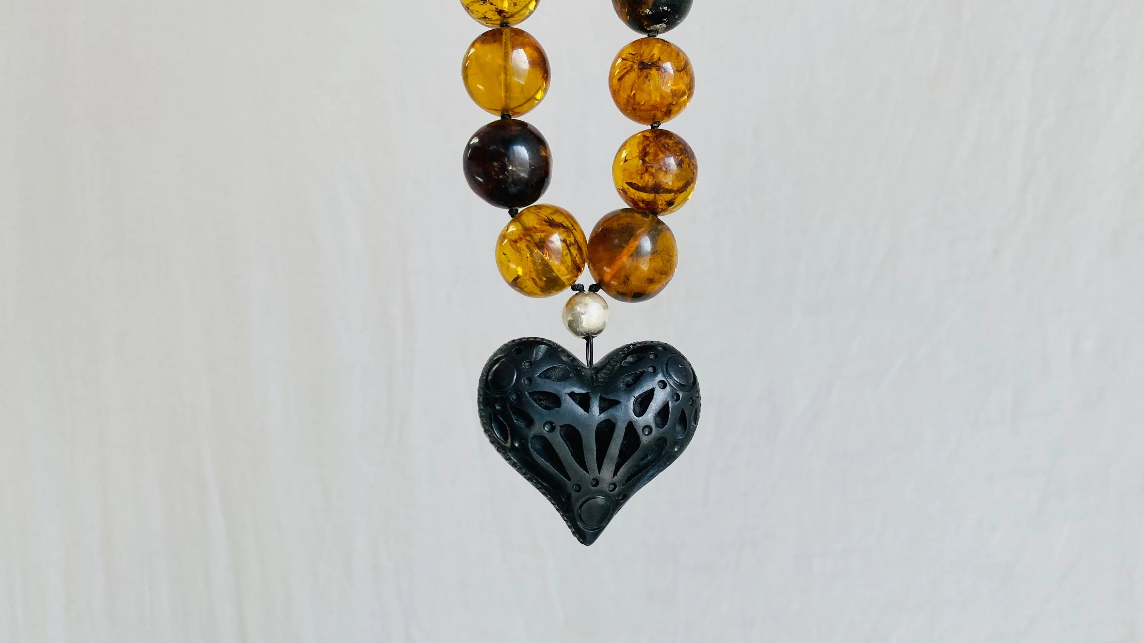 Amber Beaded Necklace, Barro Negro Heart Pendant. Chunky