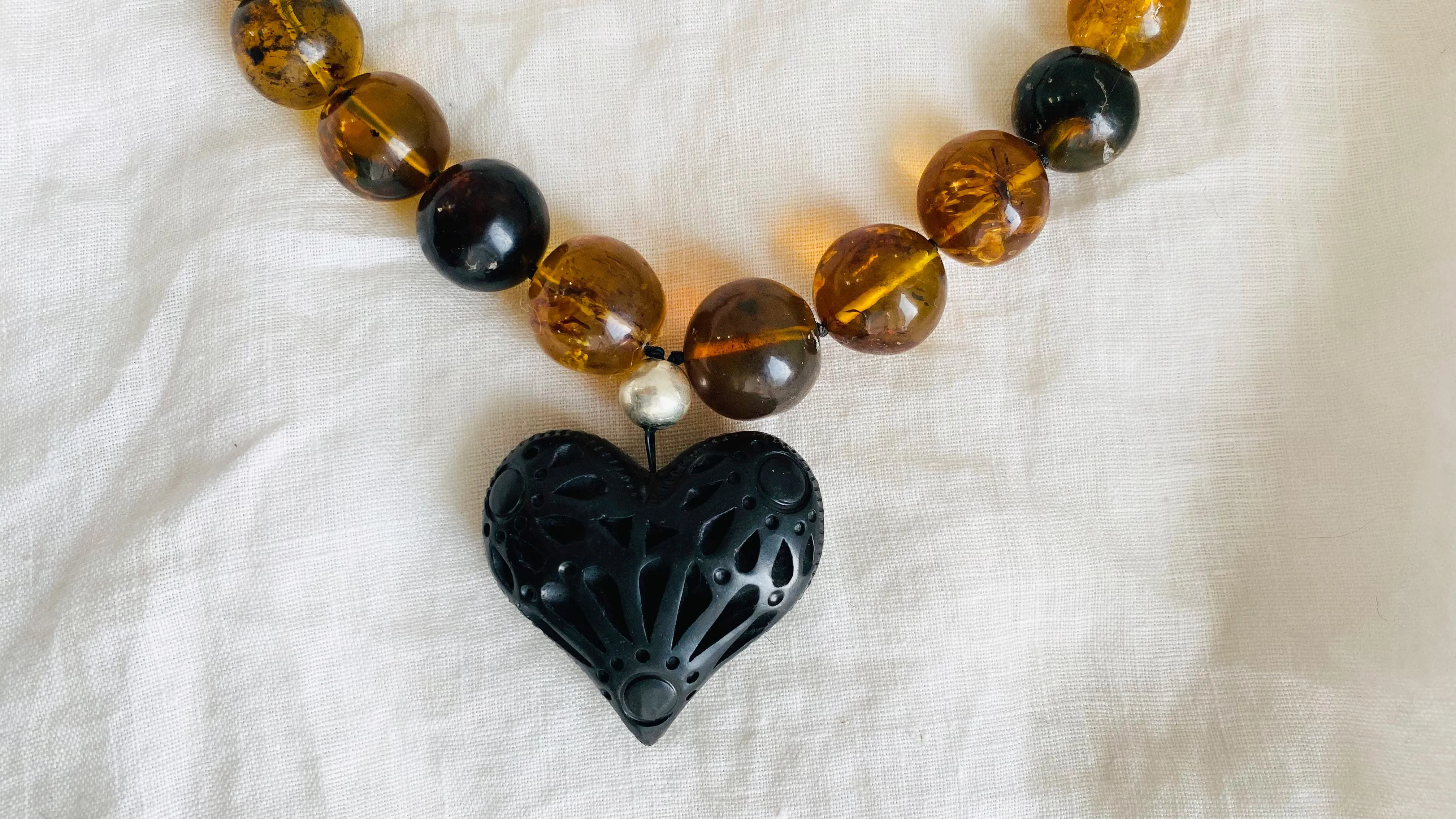 Amber Beaded Necklace, Barro Negro Heart Pendant. Chunky
