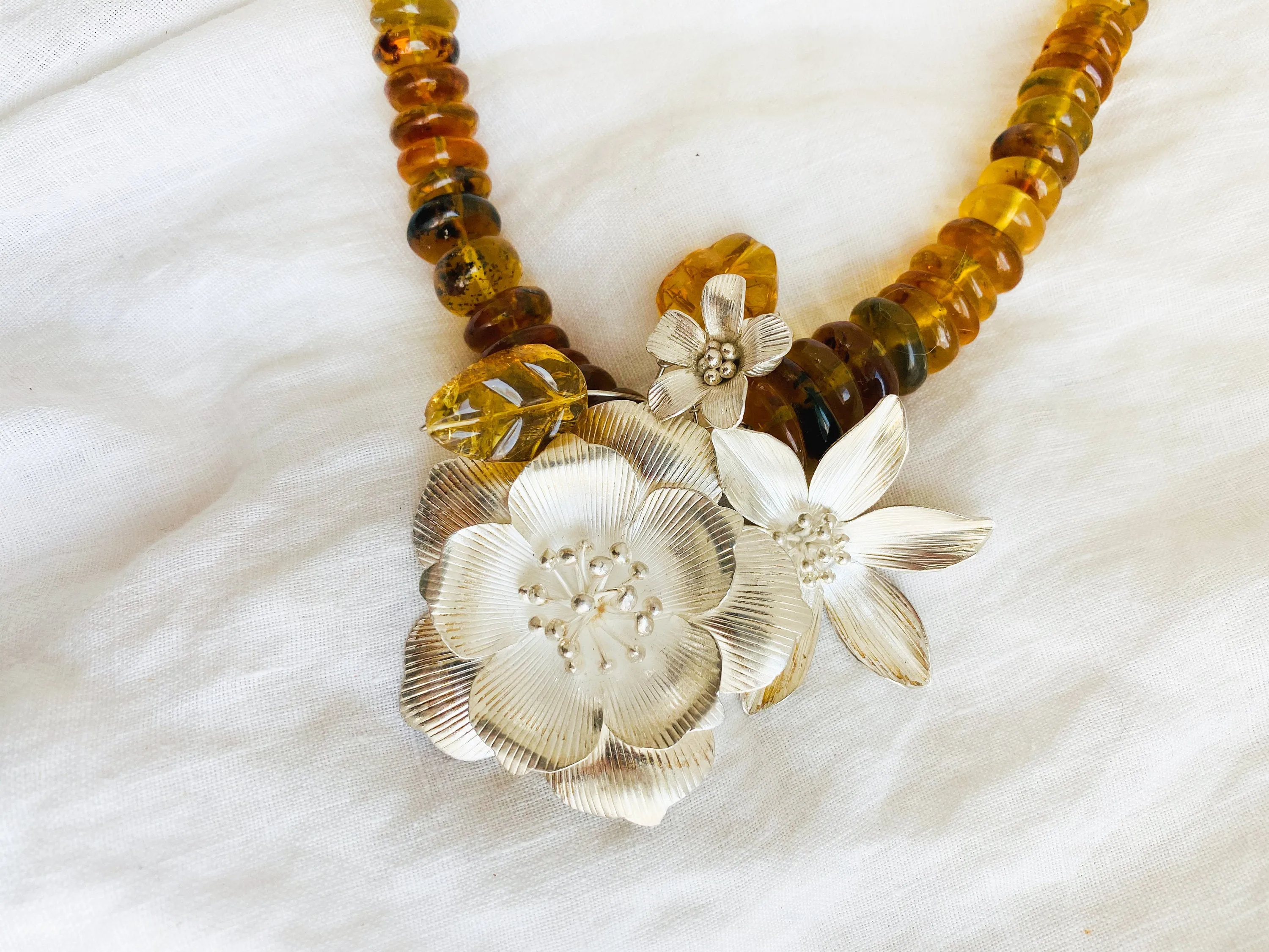 Amber Beaded Necklace. Karen Hill Tribe Silver.