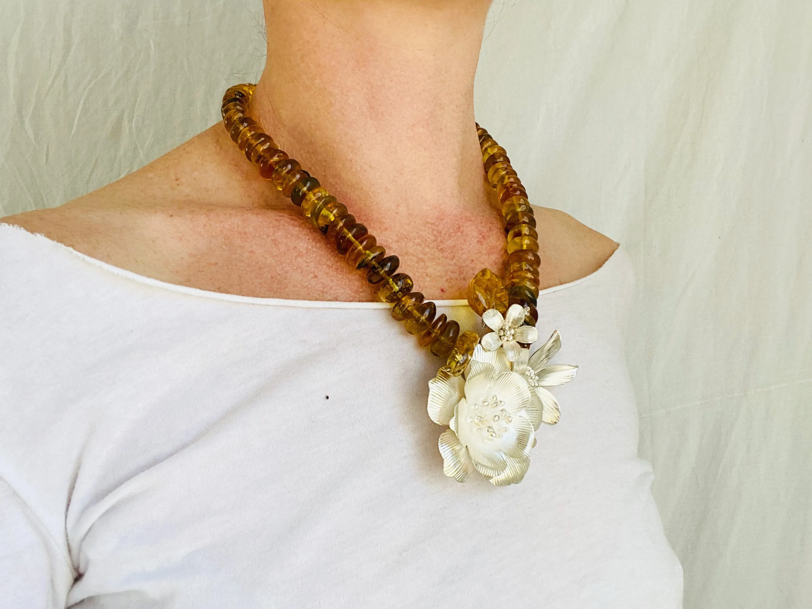 Amber Beaded Necklace. Karen Hill Tribe Silver.