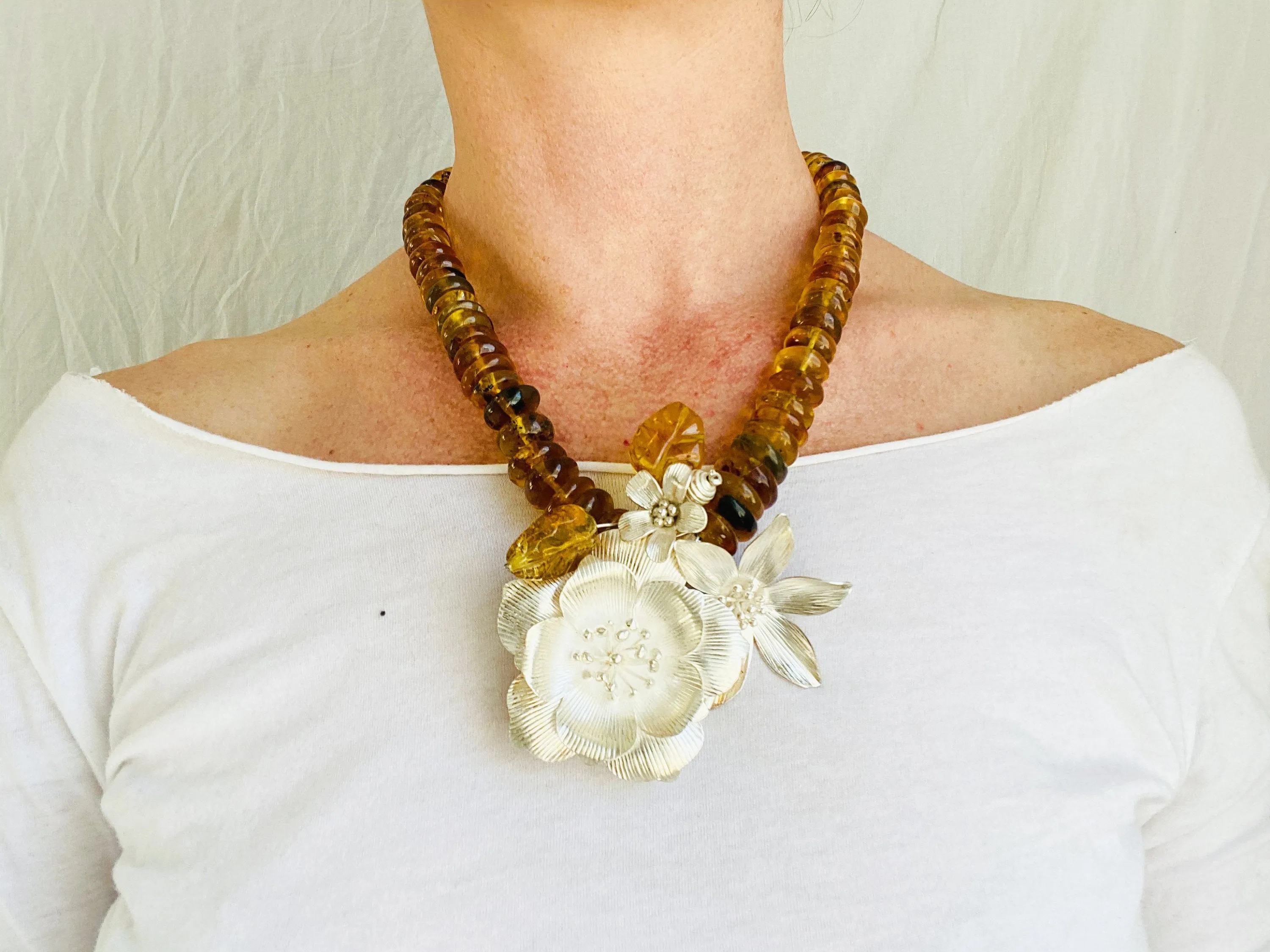 Amber Beaded Necklace. Karen Hill Tribe Silver.