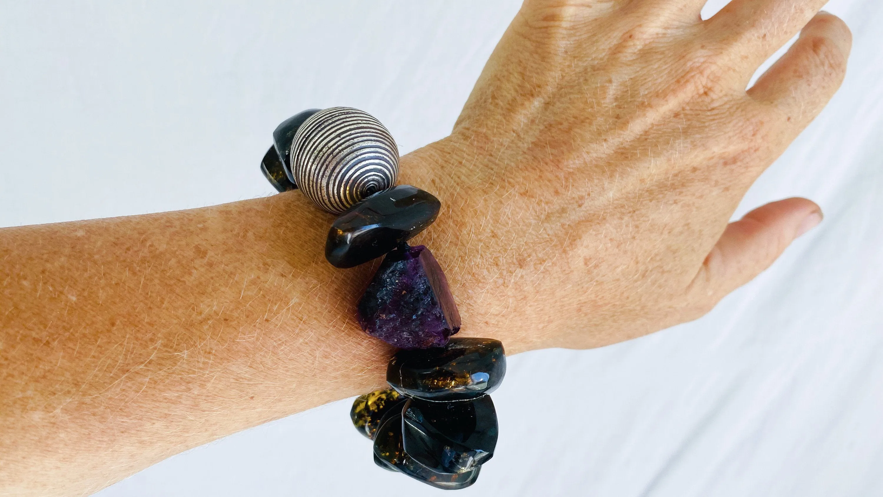 Amber, Fluorite & Silver Bracelet.