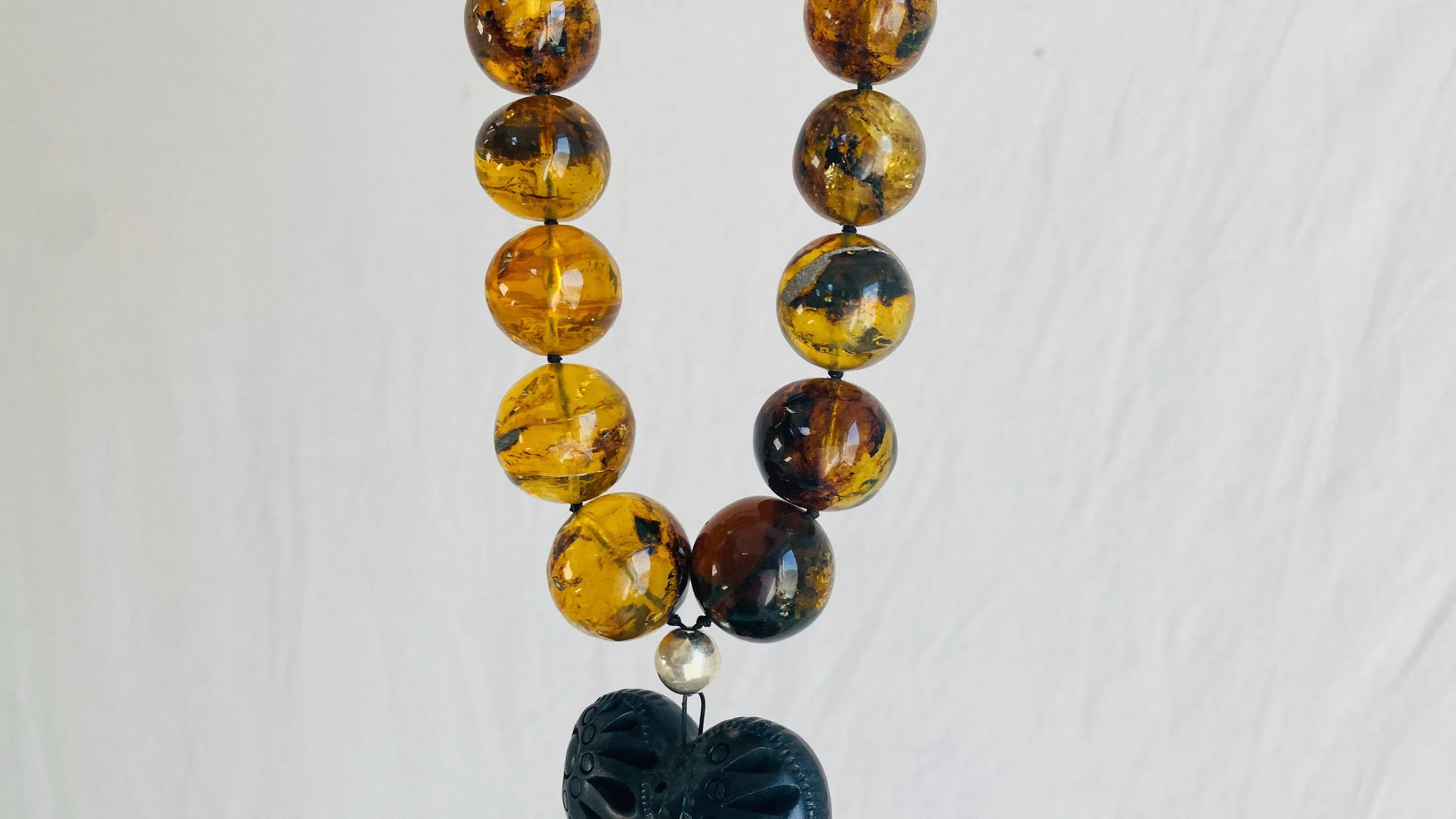 Amber Necklace, Barro Negro Heart Pendant. Mexican Amber. 0049