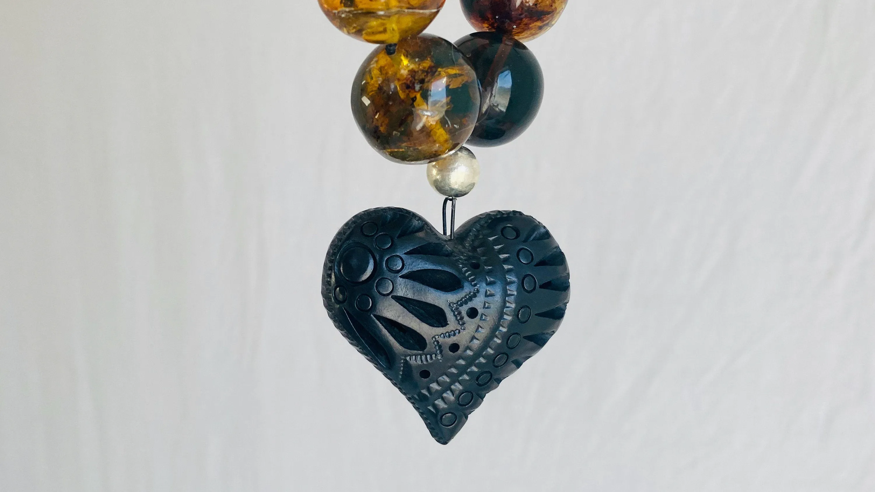 Amber Necklace, Barro Negro Heart Pendant. Mexican Amber. 0049