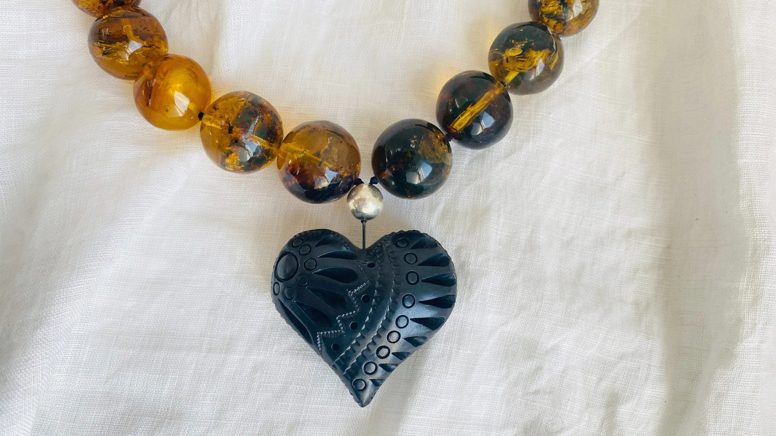 Amber Necklace, Barro Negro Heart Pendant. Mexican Amber. 0049