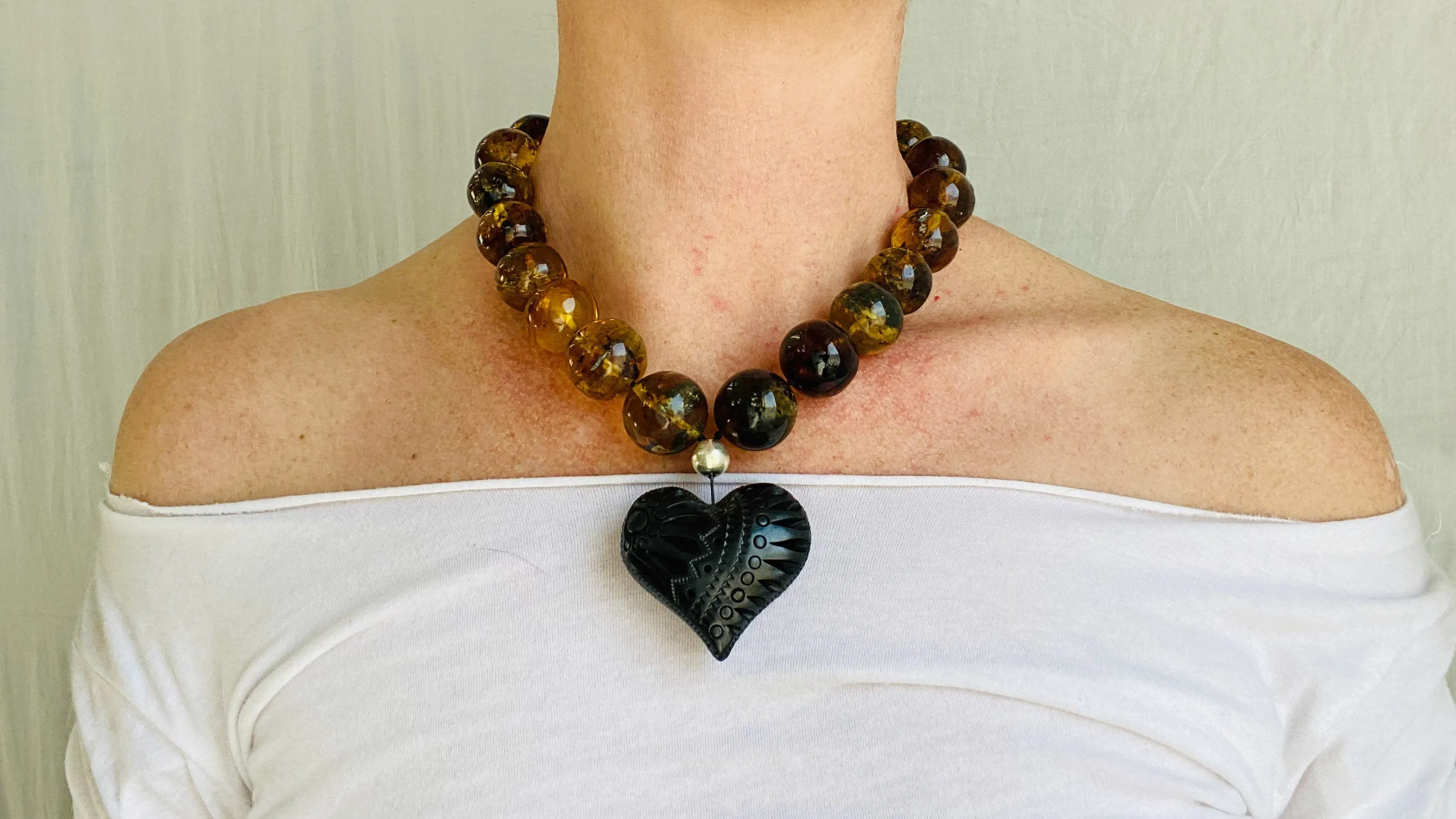 Amber Necklace, Barro Negro Heart Pendant. Mexican Amber. 0049