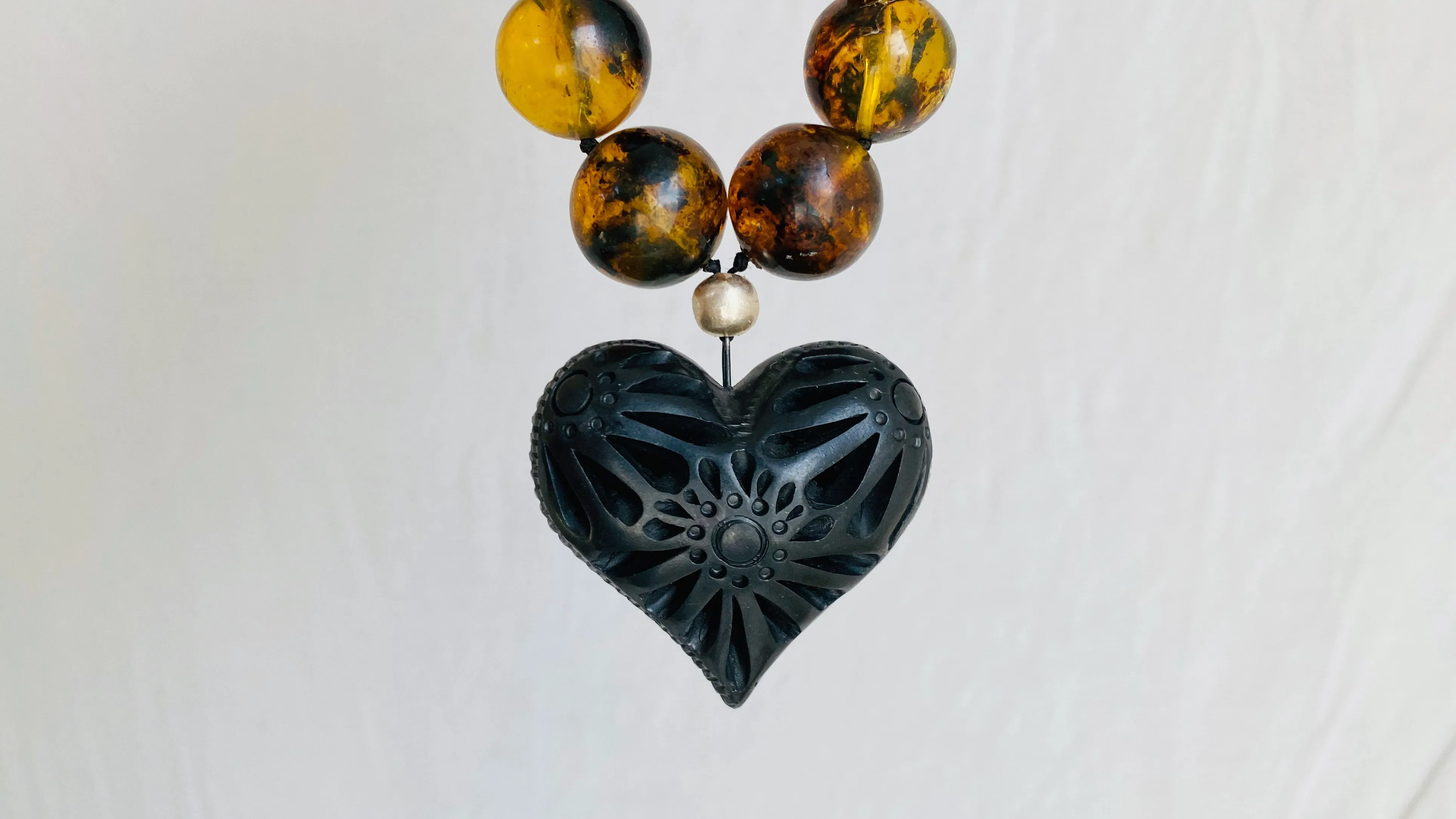 Amber Necklace, Barro Negro Heart Pendant. Mexican Amber.