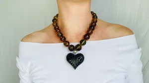 Amber Necklace, Barro Negro Heart Pendant. Mexican Amber.
