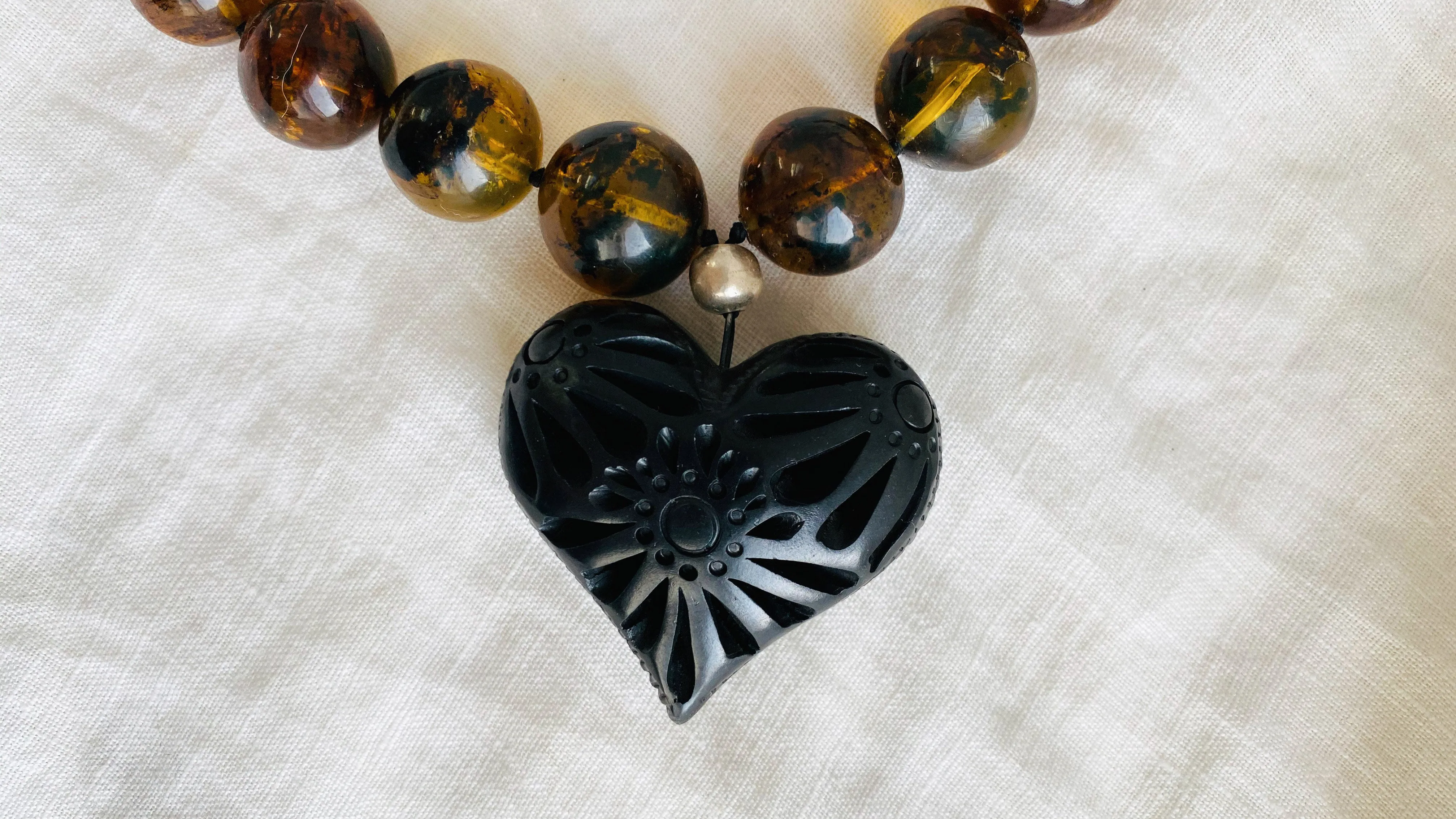 Amber Necklace, Barro Negro Heart Pendant. Mexican Amber.