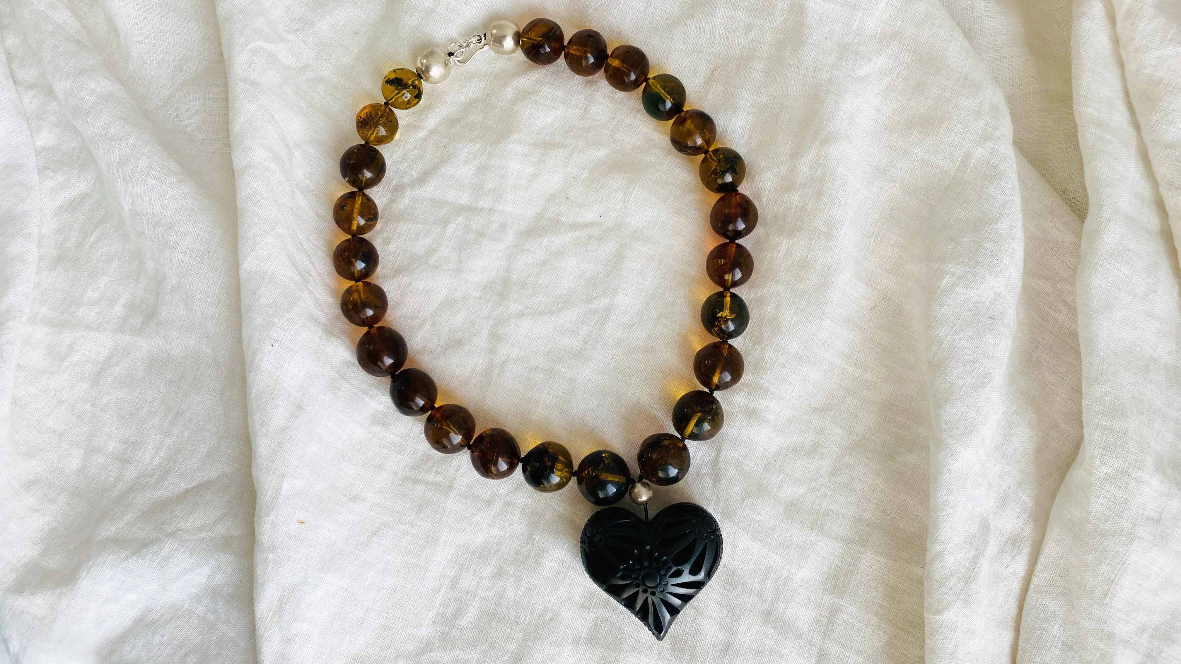Amber Necklace, Barro Negro Heart Pendant. Mexican Amber.