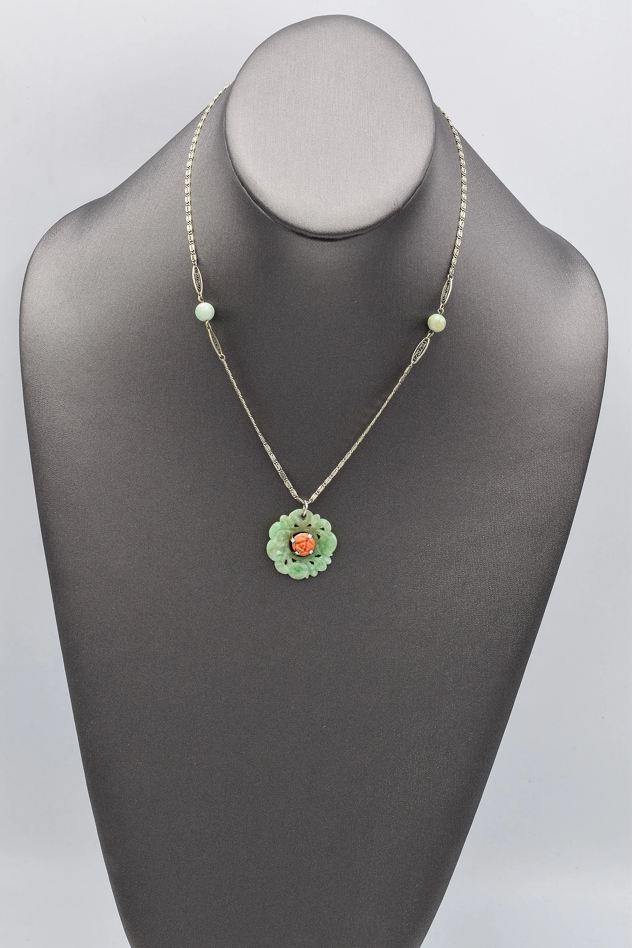 Antique Sterling Silver Carved Green Jade & Red Coral Necklace