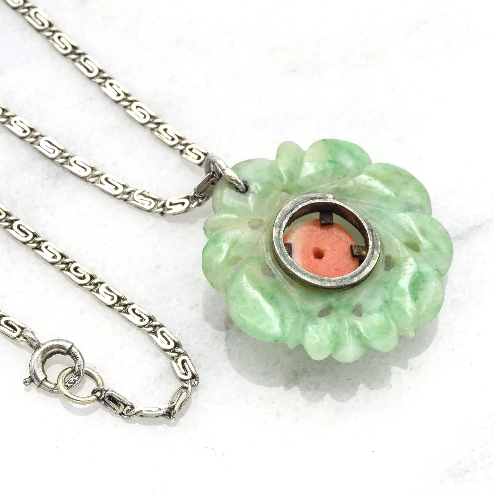 Antique Sterling Silver Carved Green Jade & Red Coral Necklace