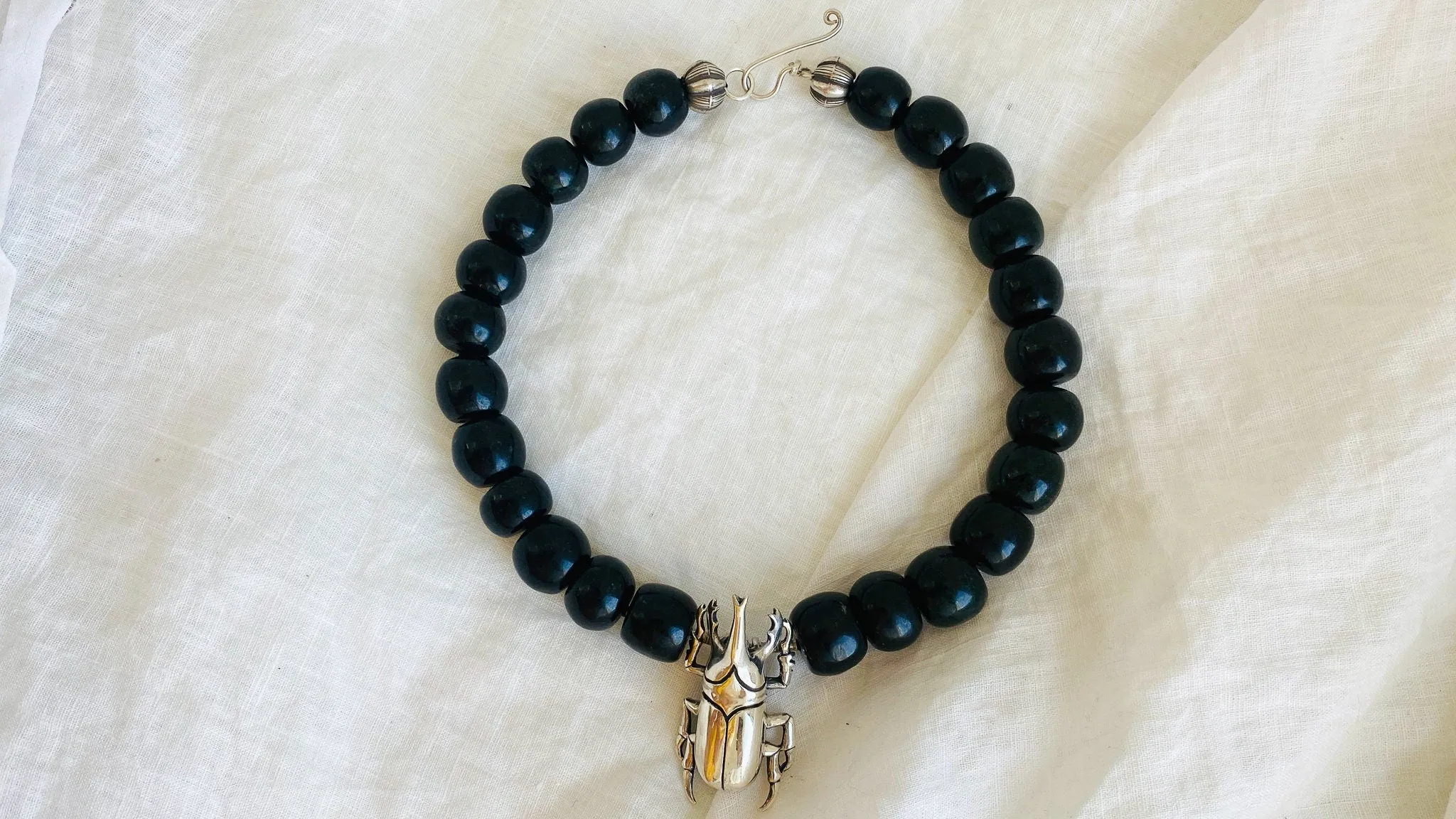 Beetle Pendant & Black Jade Necklace. Mayan Black Jade and Sterling Silver.