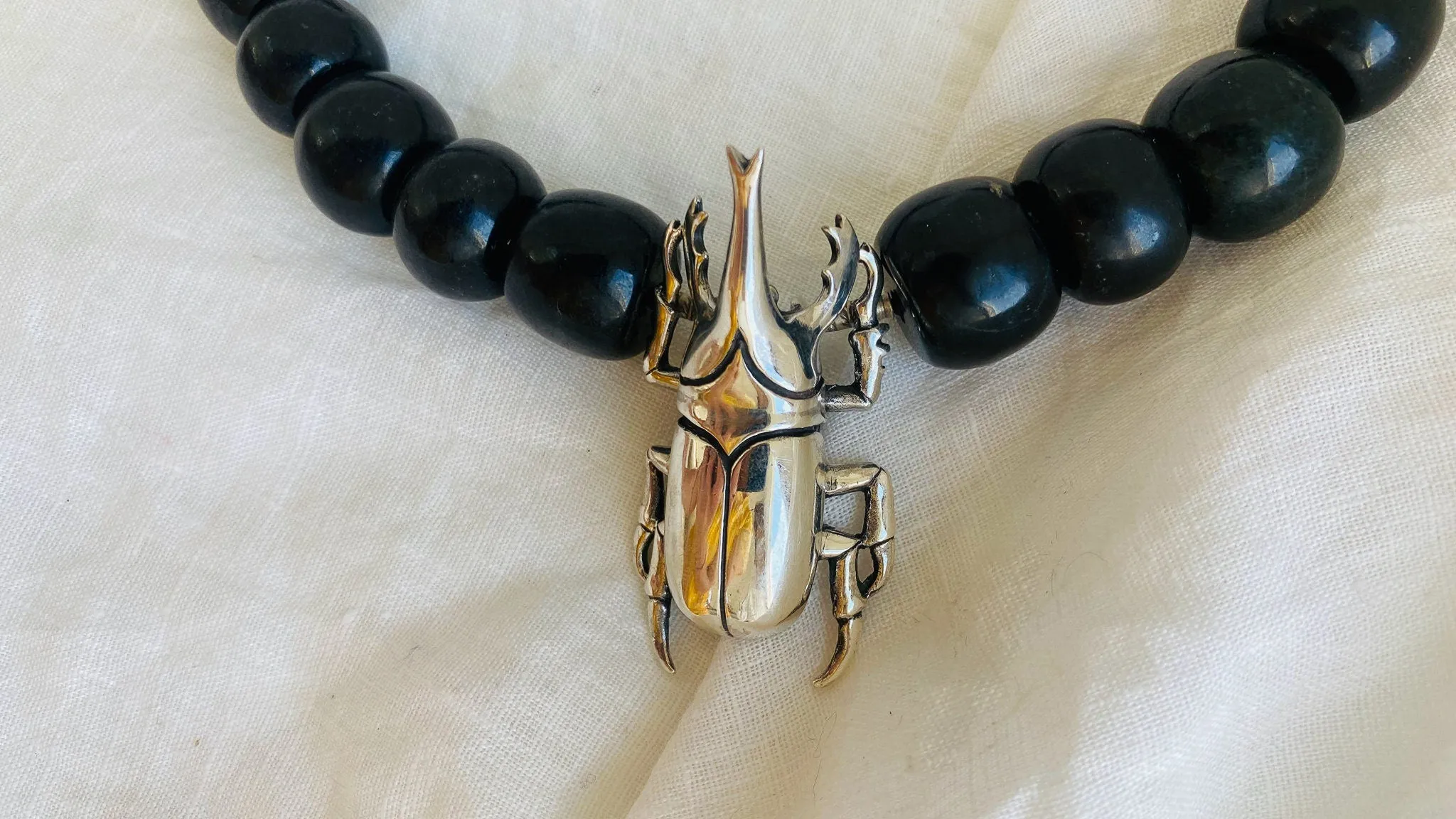 Beetle Pendant & Black Jade Necklace. Mayan Black Jade and Sterling Silver.