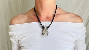 Beetle Pendant Necklace. Leather & Sterling Silver.