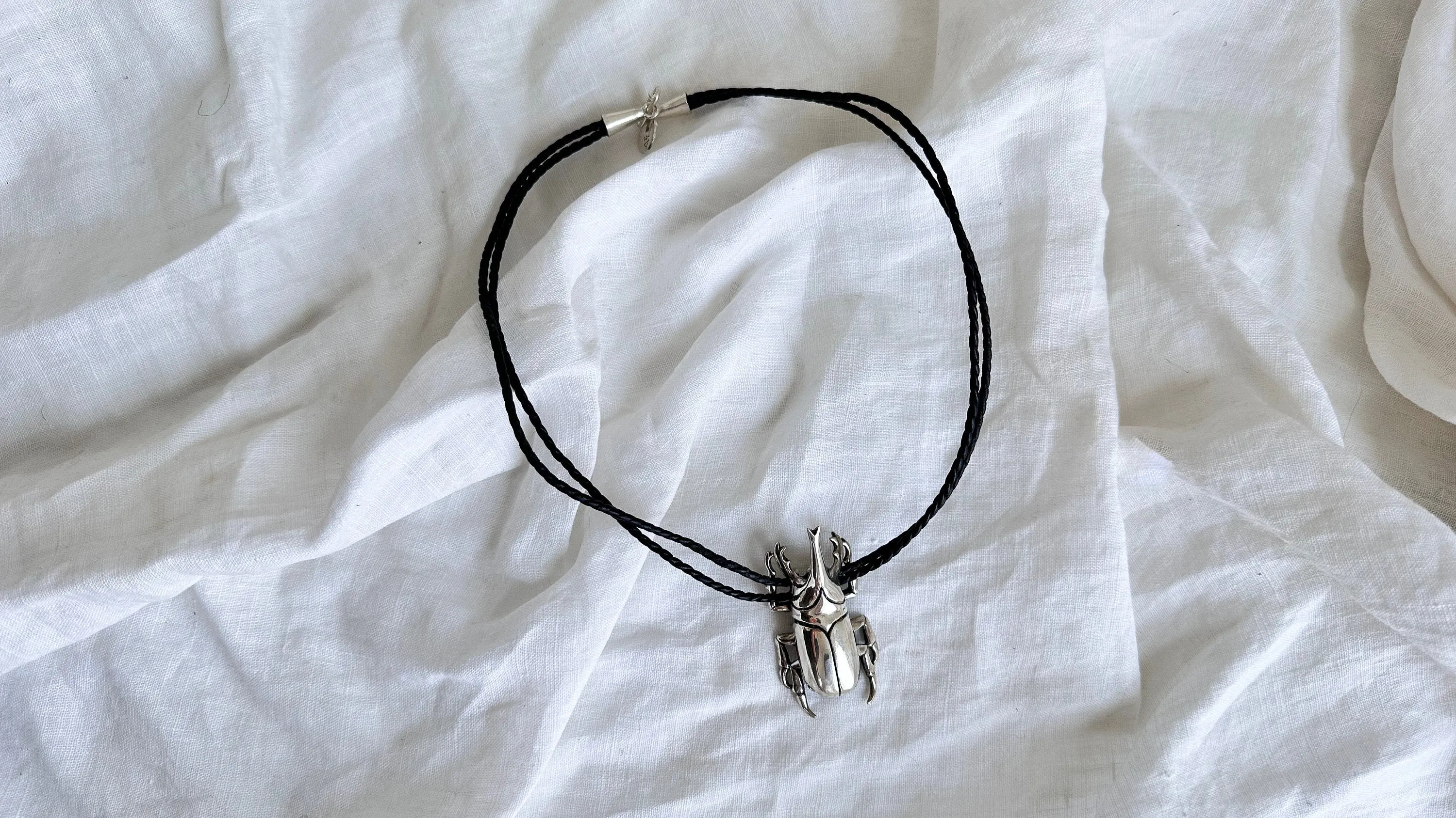 Beetle Pendant Necklace. Leather & Sterling Silver.