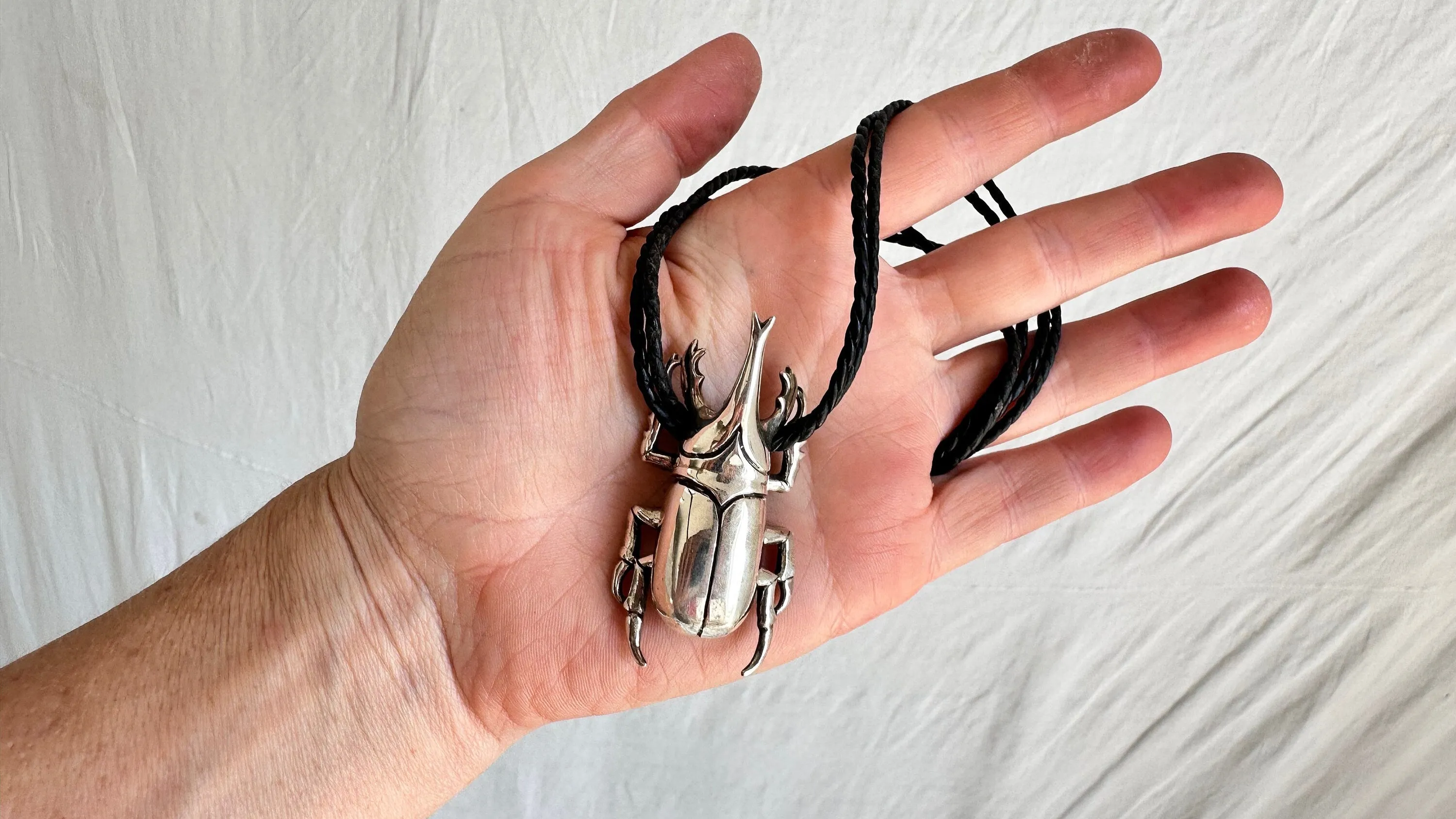 Beetle Pendant Necklace. Leather & Sterling Silver.