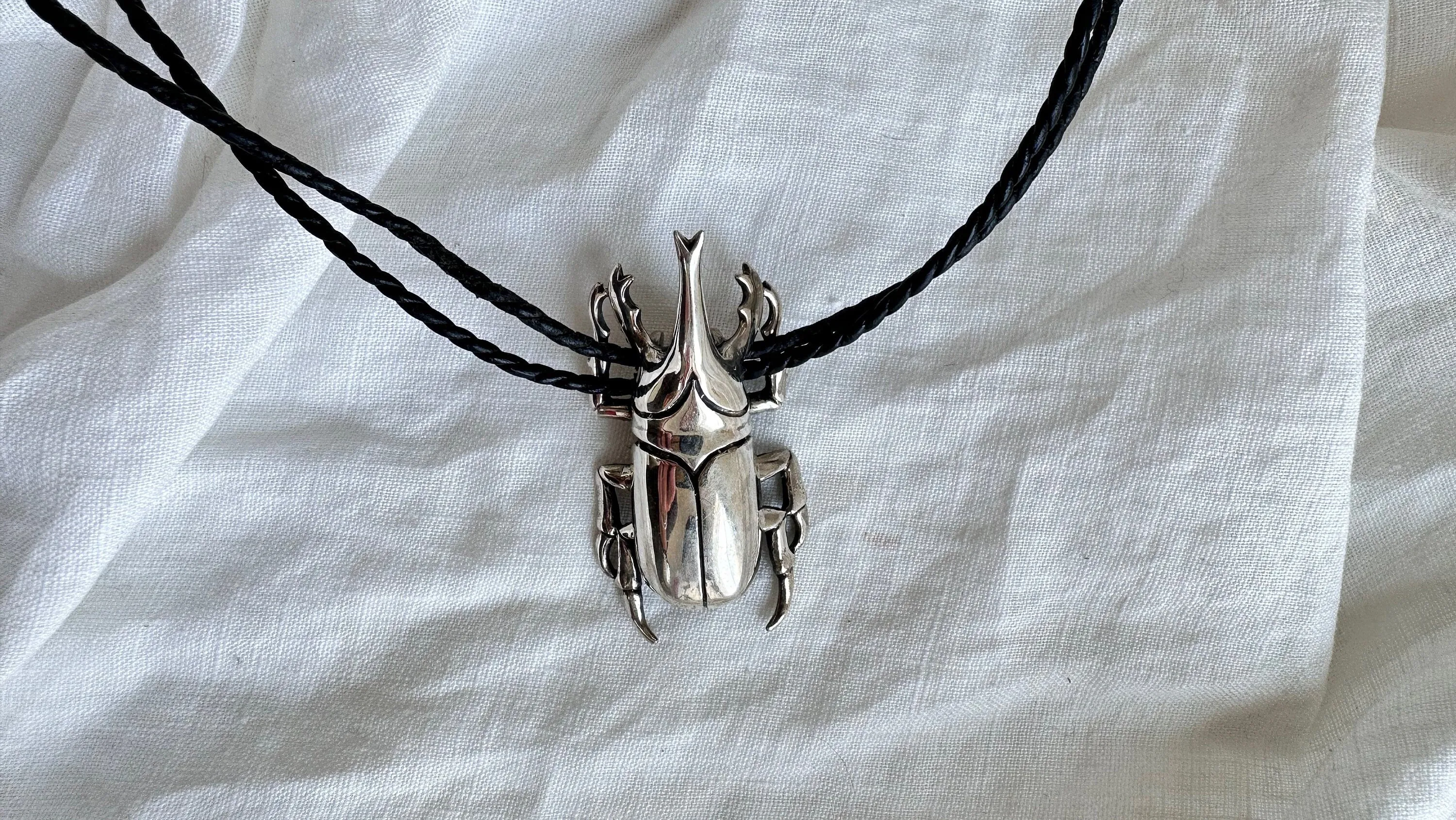 Beetle Pendant Necklace. Leather & Sterling Silver.