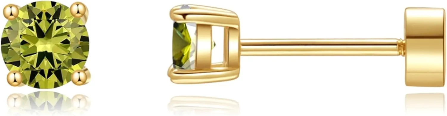 Birthstone Flat Back Earrings for Women Trendy,14K Gold Plated Hypoallergenic Comfort Flatback Earring for Cartilage Tragus Helix, Cubic Zirconia Earrings Stud Gold Jewelry Best Birthday Gift for Her