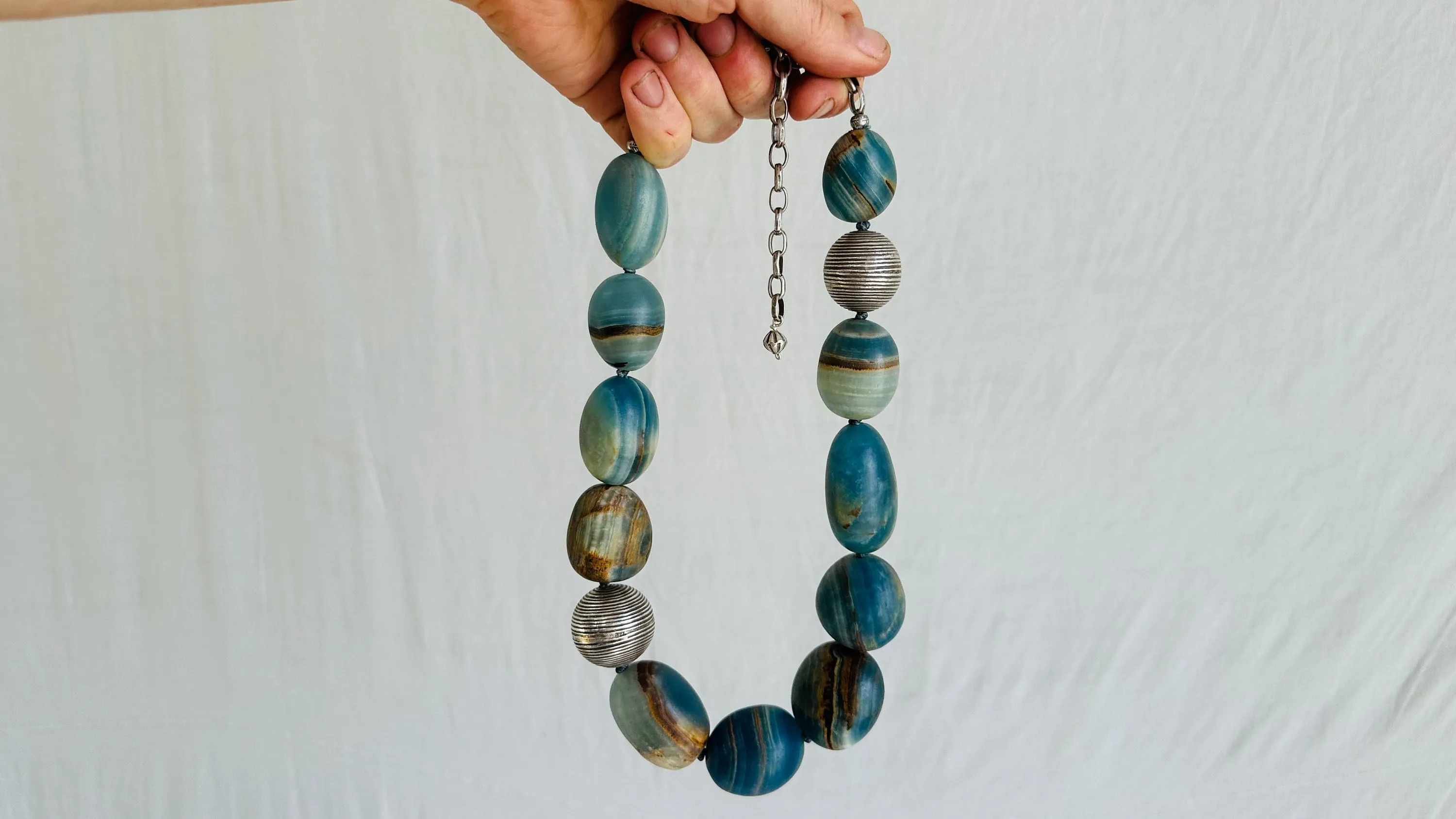 Blue Onyx Beaded Necklace. Sterling Silver.