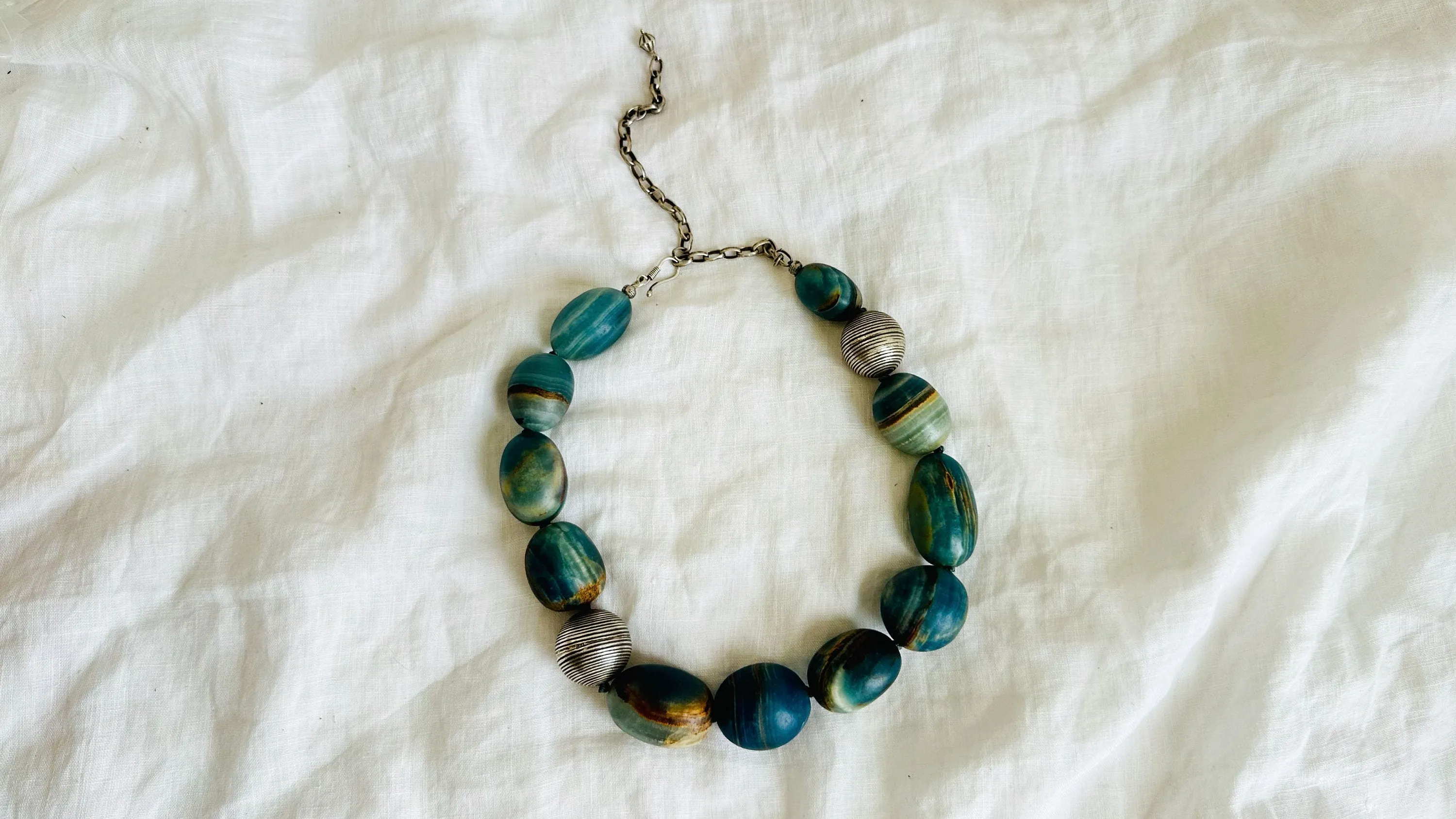 Blue Onyx Beaded Necklace. Sterling Silver.