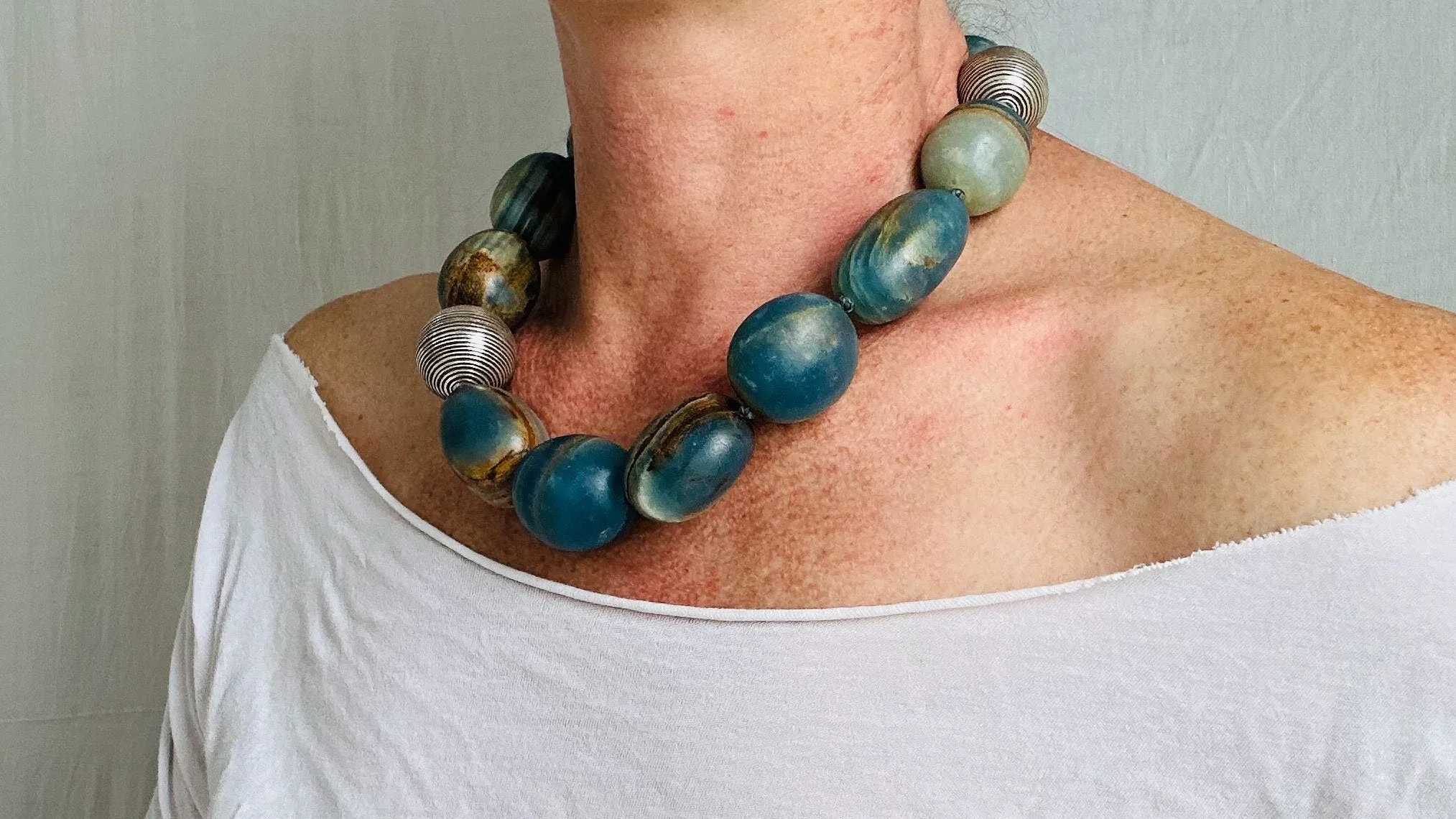 Blue Onyx Beaded Necklace. Sterling Silver.