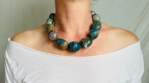 Blue Onyx Beaded Necklace. Sterling Silver.