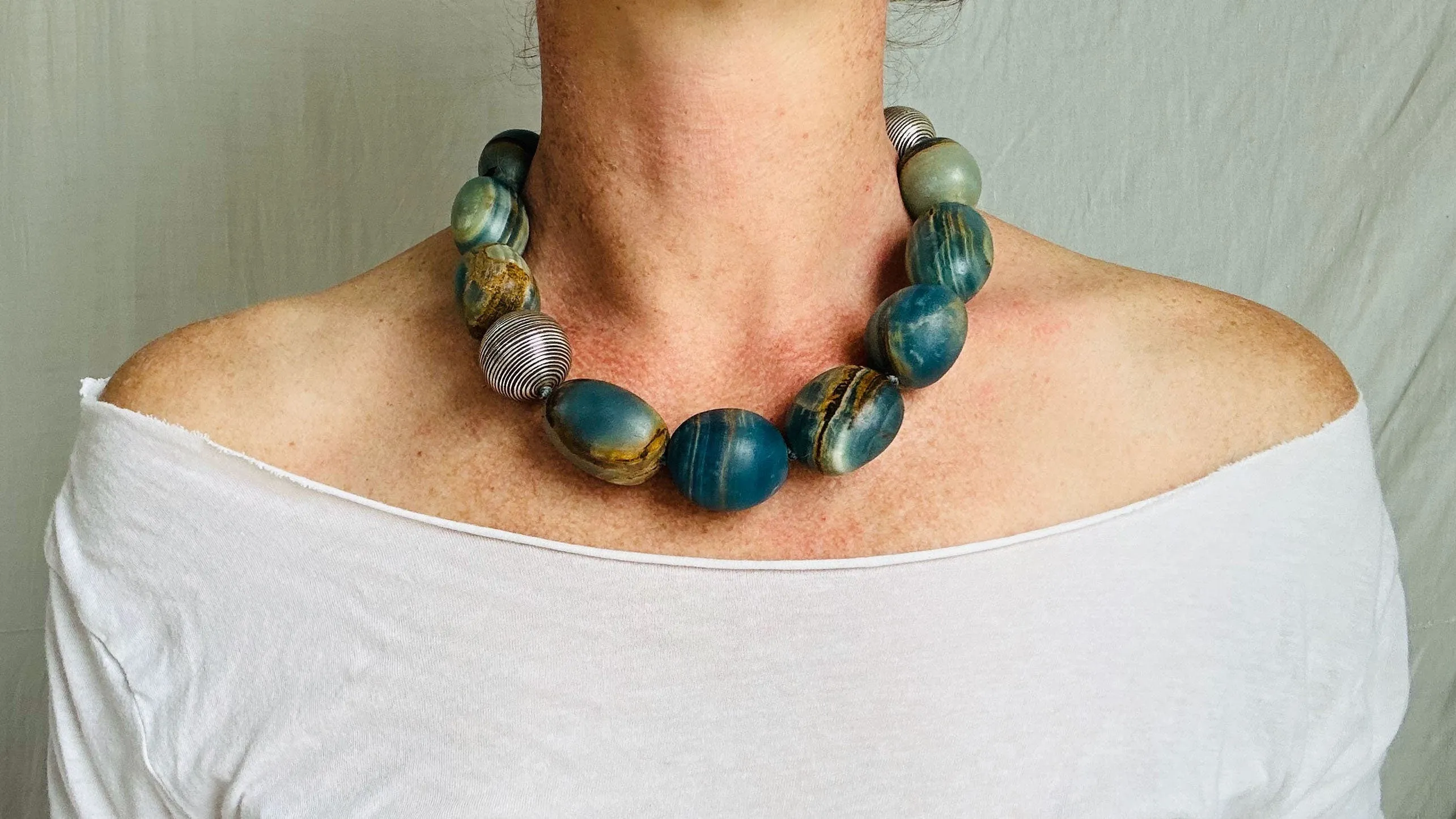 Blue Onyx Beaded Necklace. Sterling Silver.