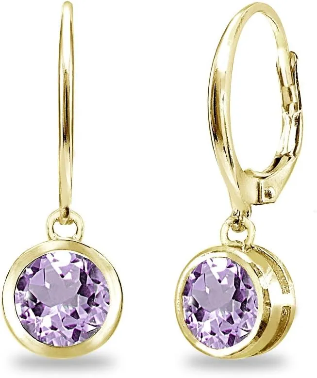 Earrings for Women, Birthstone Earrings, Genuine or Synthetic Gemstone Earrings, 6mm Round Bezel Set Leverbacks, Dangle Earrings for Women, Sterling Silver Earrings or Gold Flash Silver Earrings