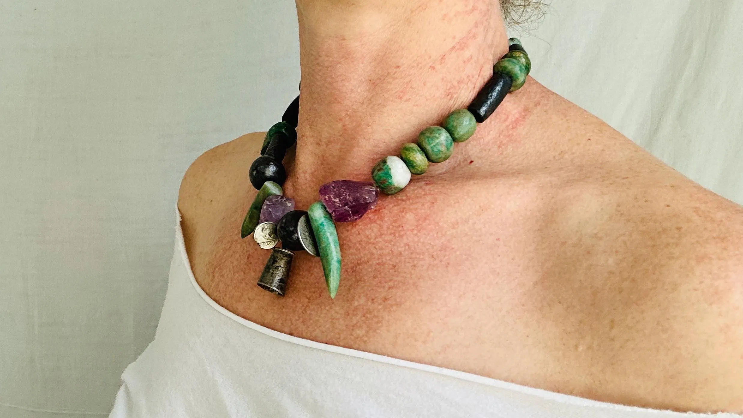 Fluorite & Guatemalita Necklace with Barro Negro. Handcrafted Designer Necklace.