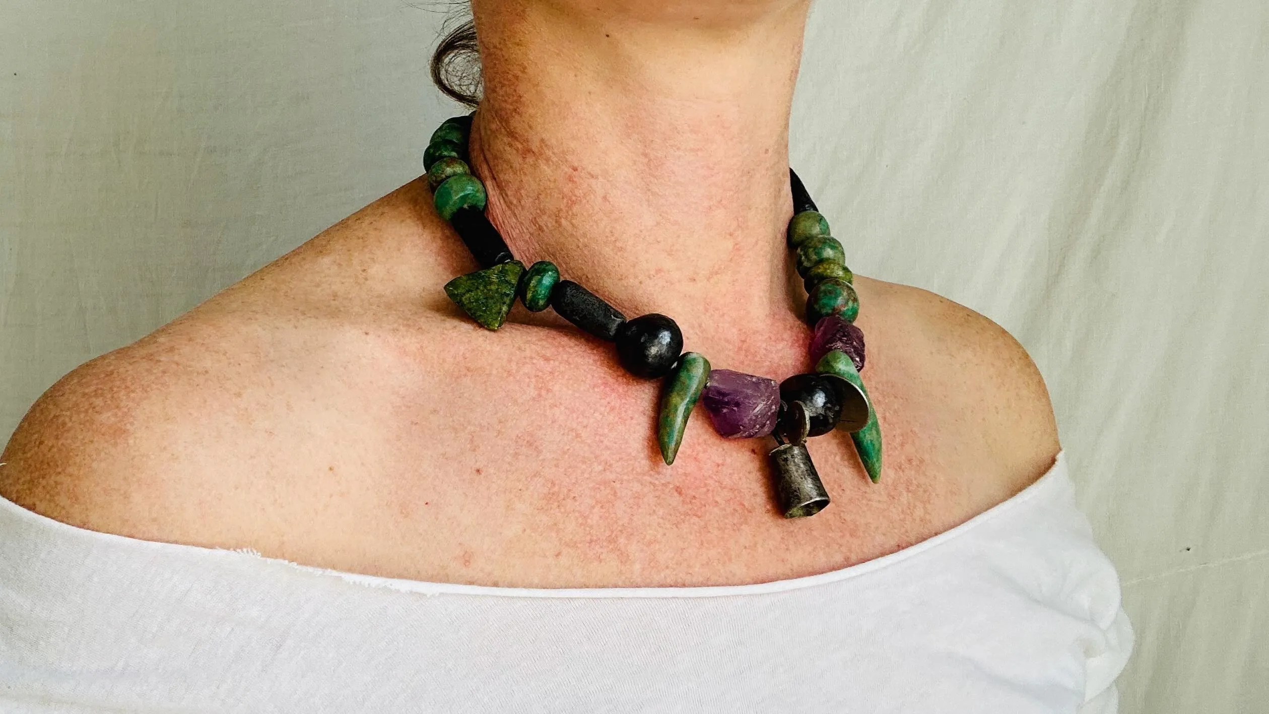 Fluorite & Guatemalita Necklace with Barro Negro. Handcrafted Designer Necklace.