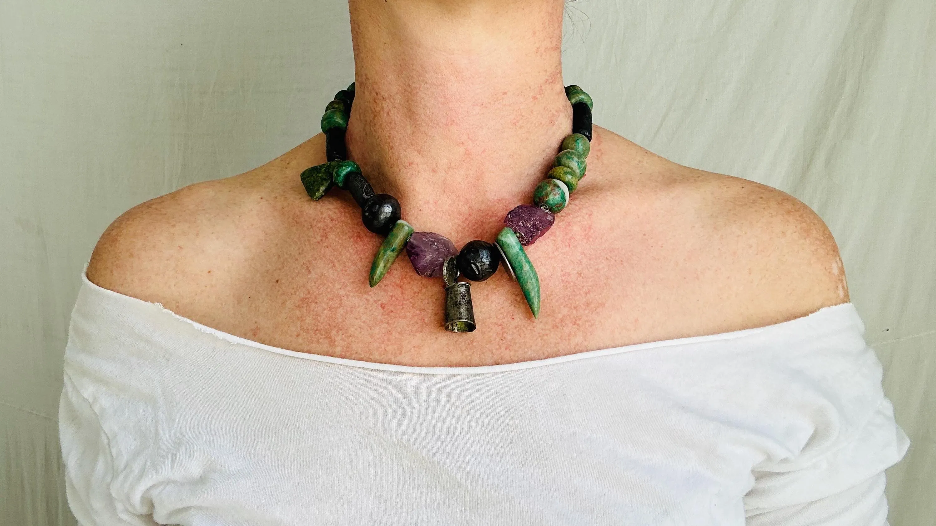 Fluorite & Guatemalita Necklace with Barro Negro. Handcrafted Designer Necklace.