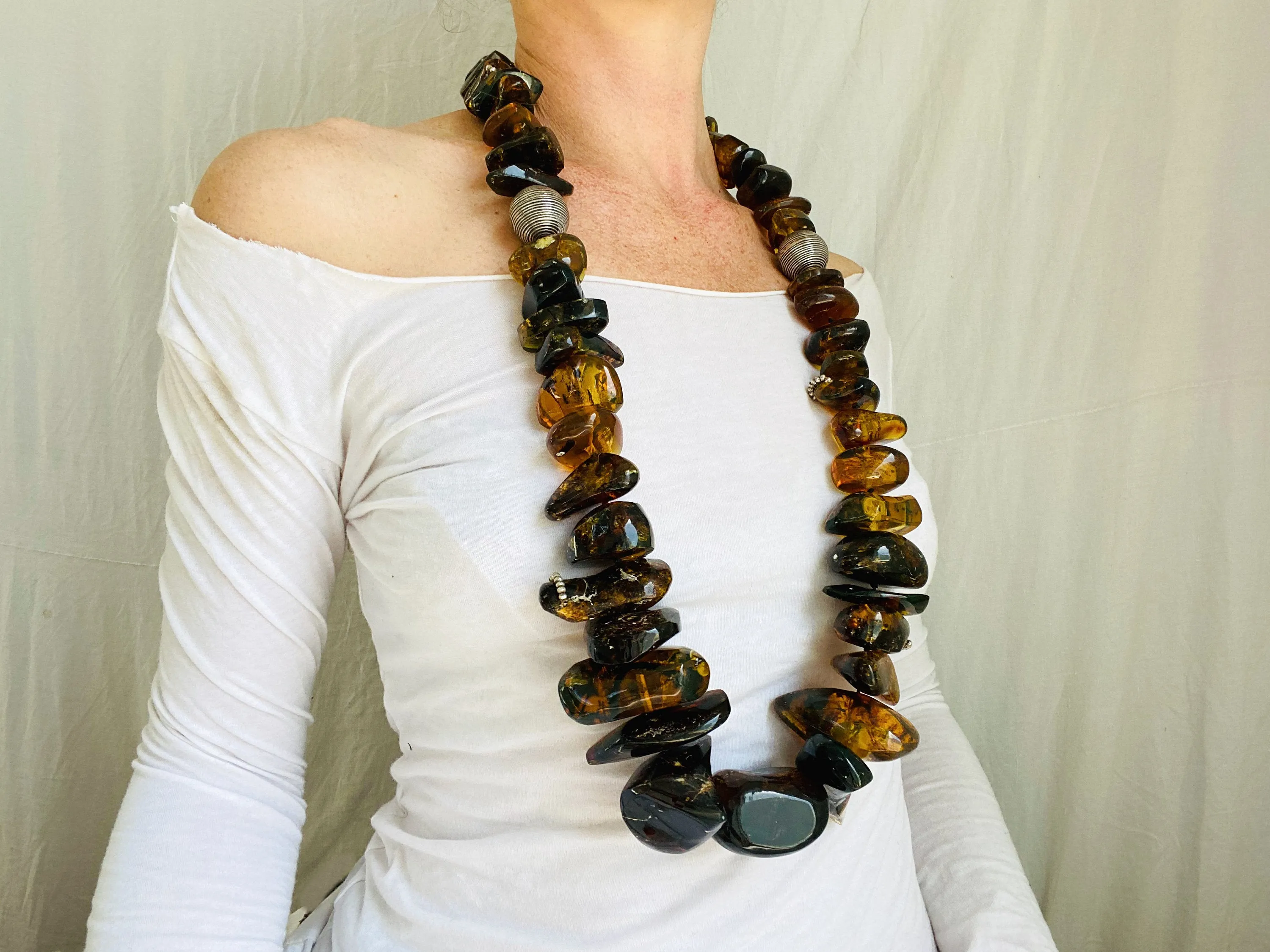 Huge Graduated Amber Chip Beaded Necklace. Mexican Amber. Dramatic and Gorgeous!