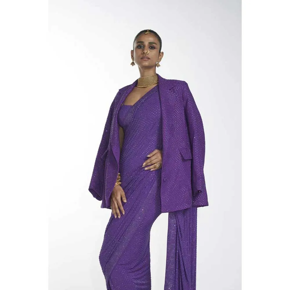 ITRH Royal Purple Saree with Stitched Blouse (Set of 3)