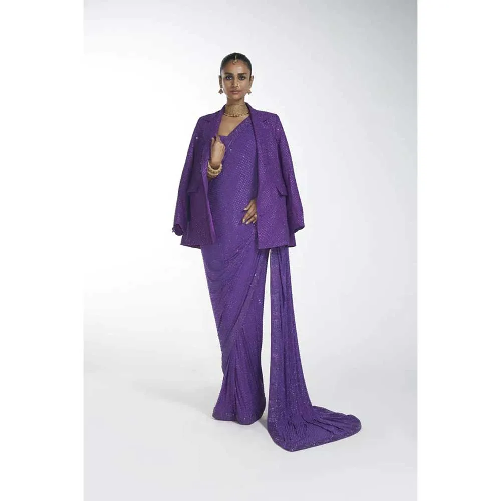 ITRH Royal Purple Saree with Stitched Blouse (Set of 3)