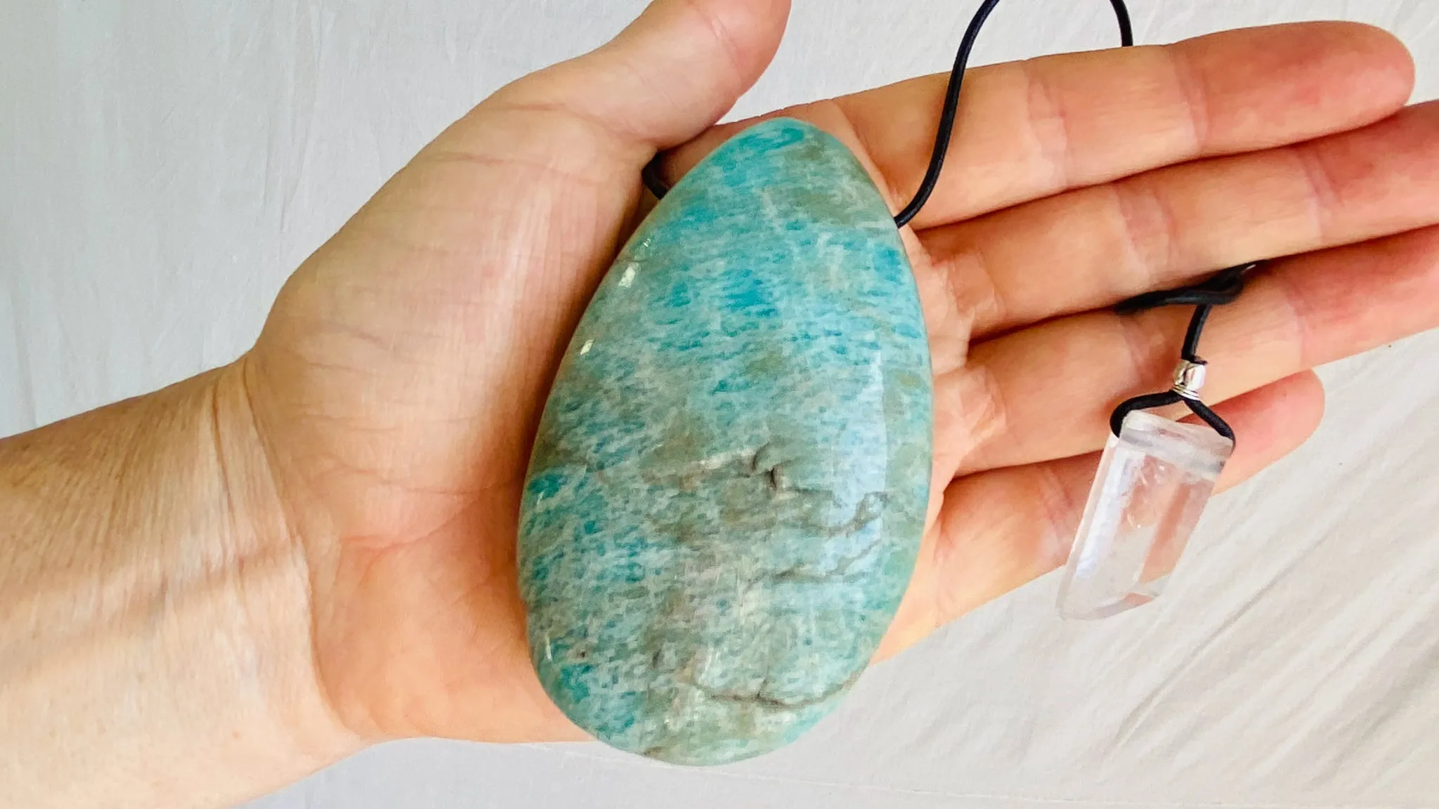 Large Amazonite Pendant. Leather & Silver Cord
